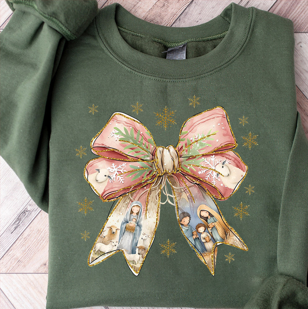 Jesus Christmas Coquette Bow Sweatshirt, Christian Christmas t-shirt, Nativity Scene Shirt, Baby Jesus Tee, Bible Verse shirt, Glitter, Pink Christmas Gift