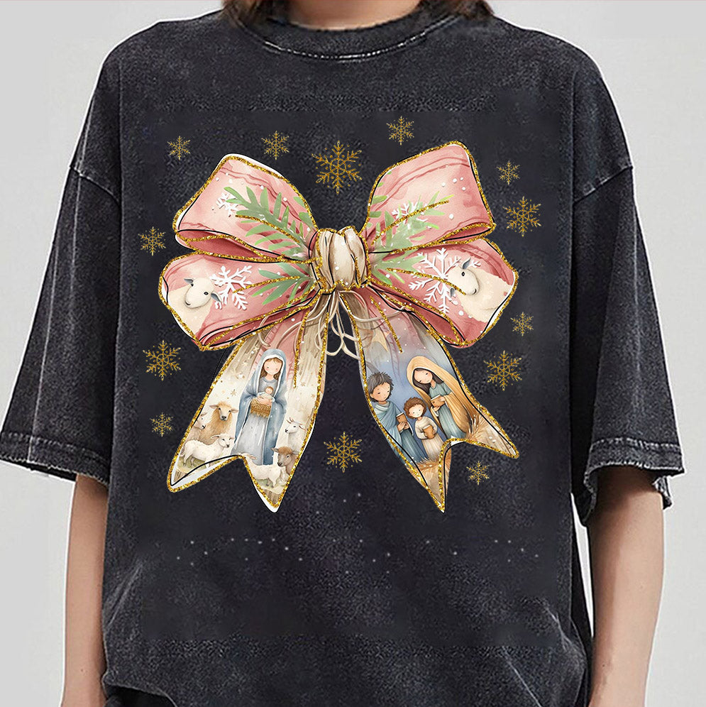 Jesus Christmas Coquette Bow Sweatshirt, Christian Christmas t-shirt, Nativity Scene Shirt, Baby Jesus Tee, Bible Verse shirt, Glitter, Pink Christmas Gift