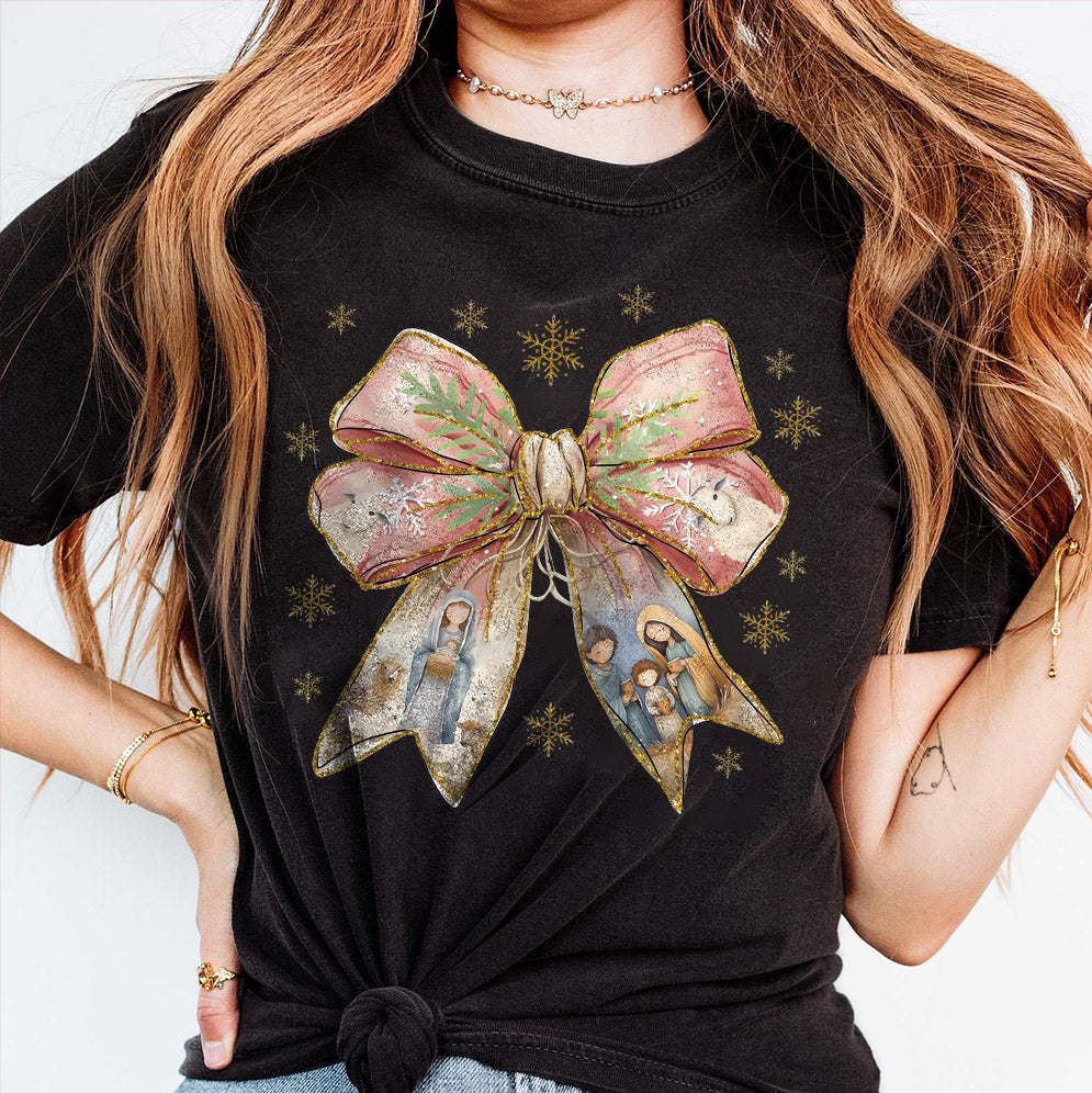 Jesus Christmas Coquette Bow Sweatshirt, Christian Christmas t-shirt, Nativity Scene Shirt, Baby Jesus Tee, Bible Verse shirt, Glitter, Pink Christmas Gift