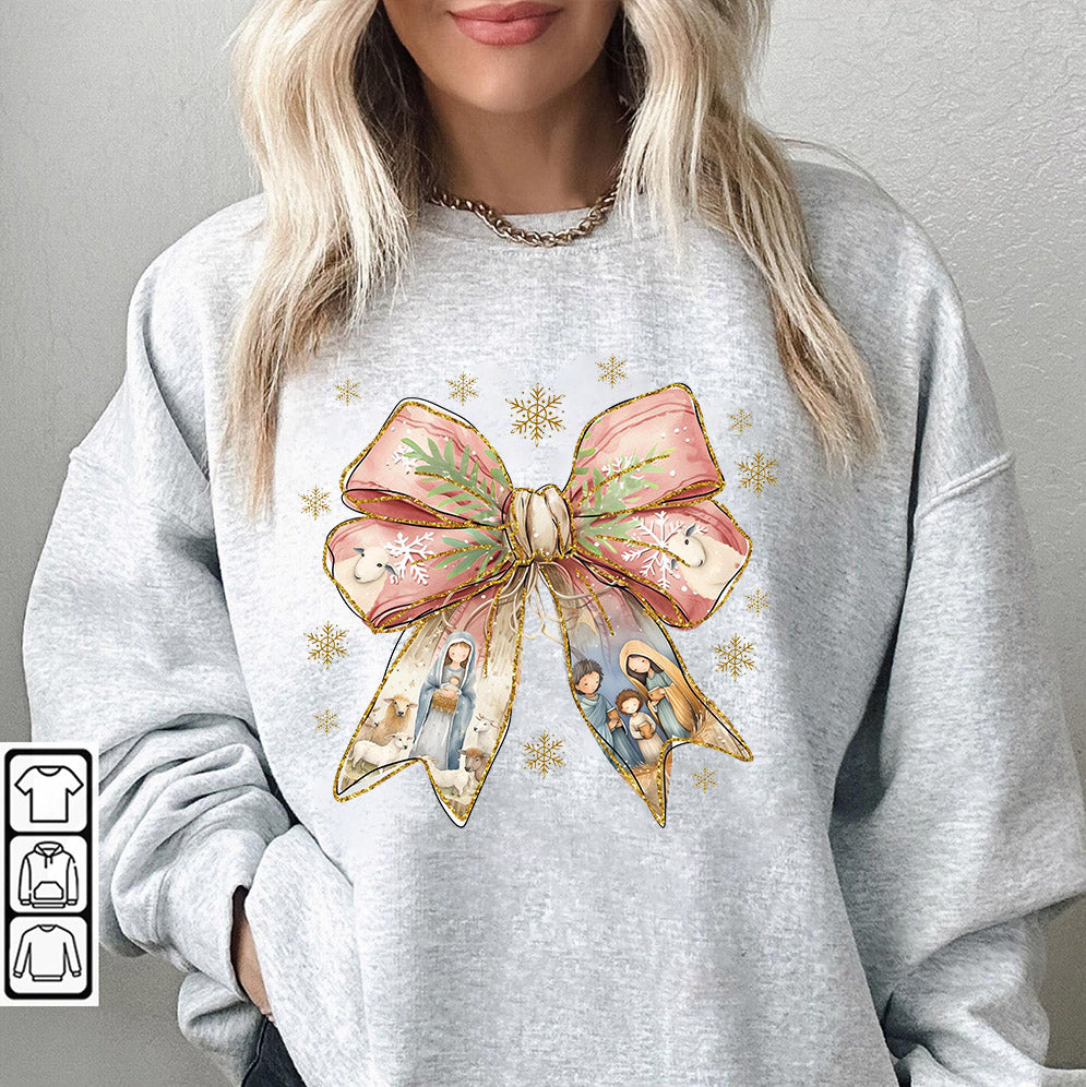 Jesus Christmas Coquette Bow Sweatshirt, Christian Christmas t-shirt, Nativity Scene Shirt, Baby Jesus Tee, Bible Verse shirt, Glitter, Pink Christmas Gift