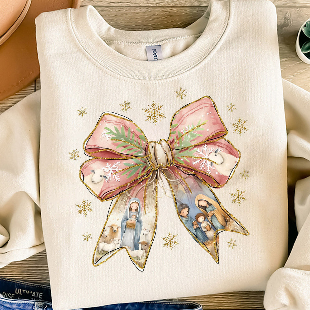 Jesus Christmas Coquette Bow Sweatshirt, Christian Christmas t-shirt, Nativity Scene Shirt, Baby Jesus Tee, Bible Verse shirt, Glitter, Pink Christmas Gift