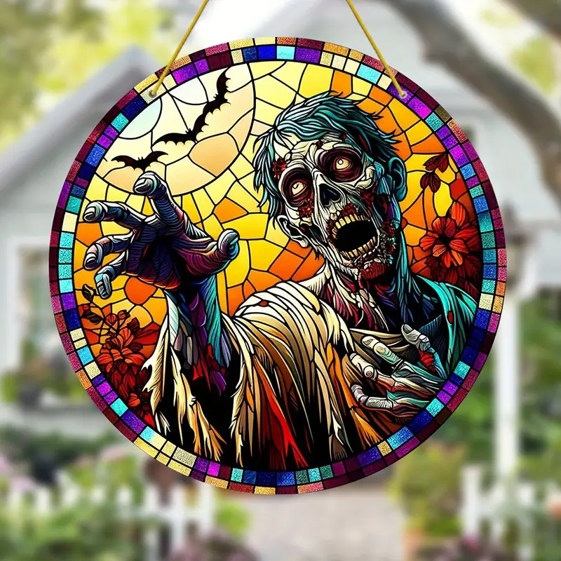 Halloween Suncatcher Decoration - 8 Acrylic Zombie-Themed Window Hanging - Weather-Resistant, Pre-Drilled, Waterproof Spooky Outdoor Garden Patio Porch Decor - Perfect for Halloween Celebrations ORHA2408