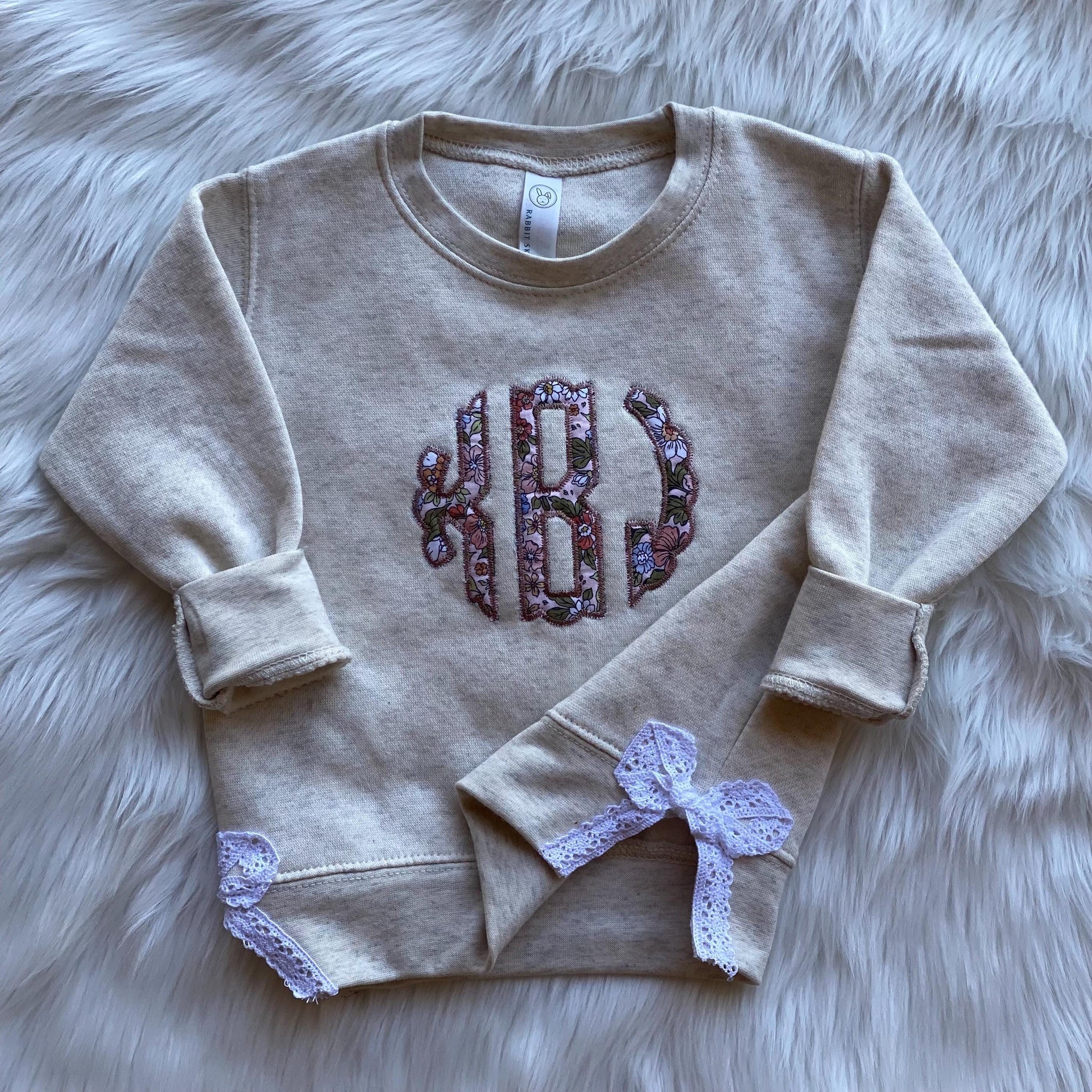 Kids Custom Monogram Appliqu? with Lace Side Bow -  Embroidered Crewneck Sweatshirt - Floral Embroidery Crewneck - Christmas Gift ESIBOW