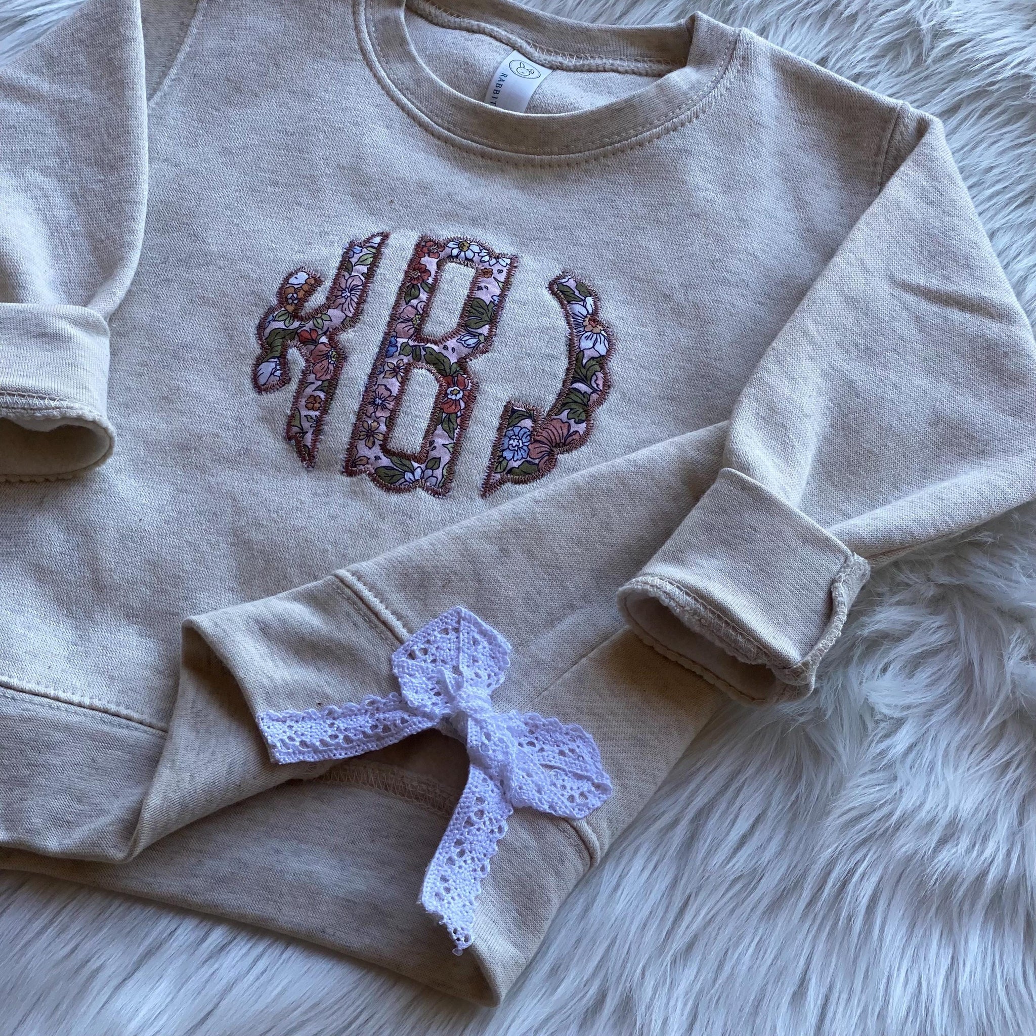 Kids Custom Monogram Appliqu? with Lace Side Bow -  Embroidered Crewneck Sweatshirt - Floral Embroidery Crewneck - Christmas Gift ESIBOW