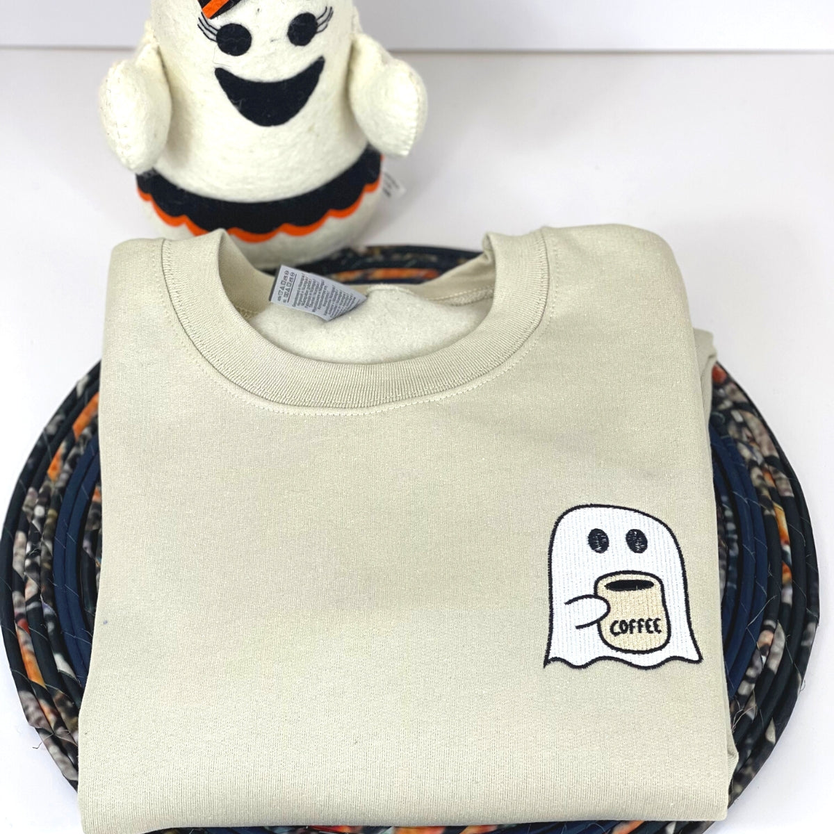 Little Ghost Coffee Crewneck, Embroidered Halloween Sweatshirt, Hoodie EMHA2608