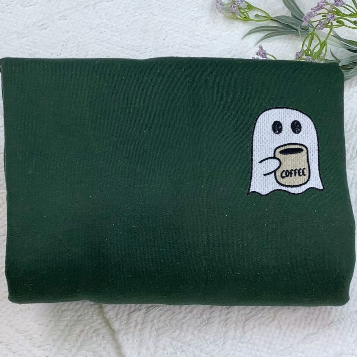 Little Ghost Coffee Crewneck, Embroidered Halloween Sweatshirt, Hoodie EMHA2608