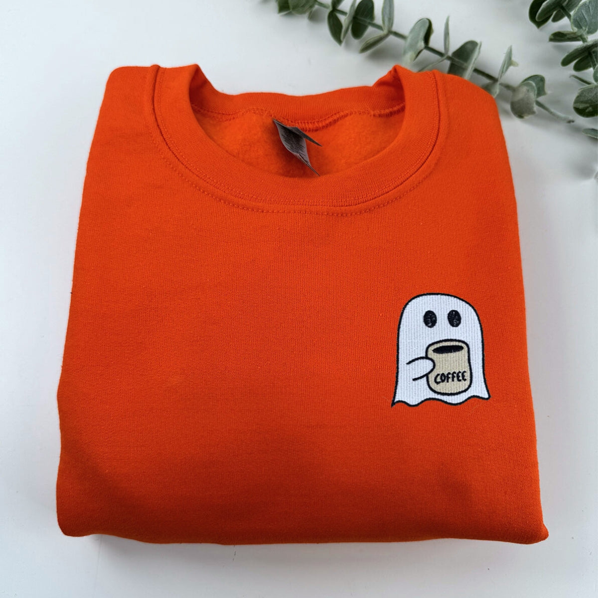 Little Ghost Coffee Crewneck, Embroidered Halloween Sweatshirt, Hoodie EMHA2608