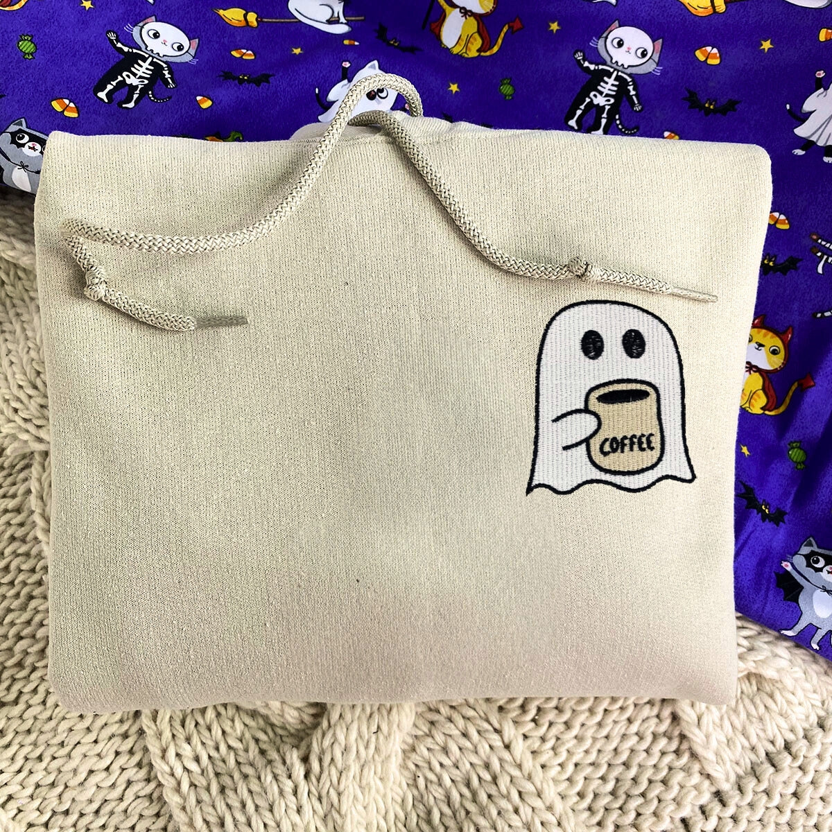Little Ghost Coffee Crewneck, Embroidered Halloween Sweatshirt, Hoodie EMHA2608