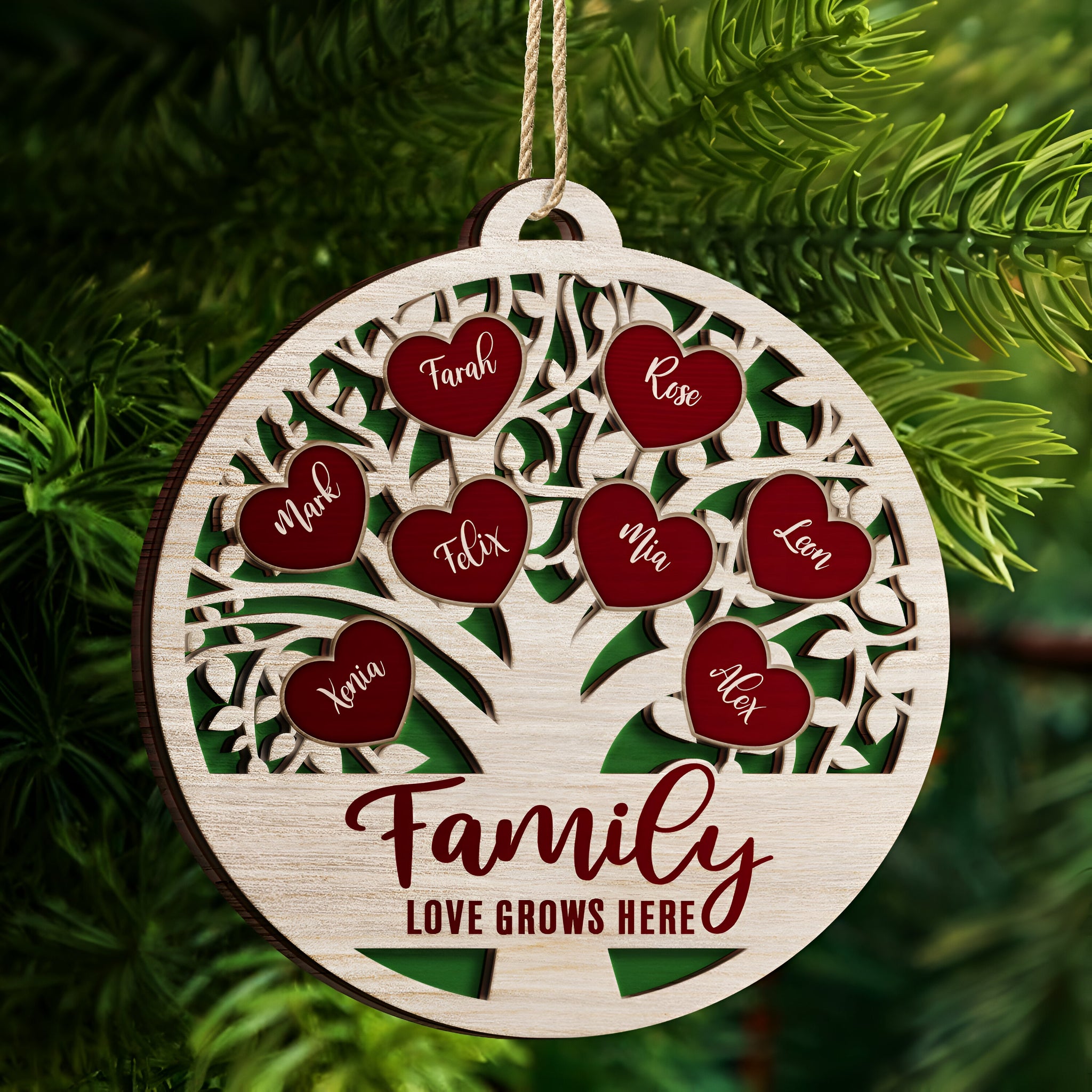 Love Grows Here - Christmas, Birthday, Anniversary, Holiday Gift For Family, Parents, Grandparents - Personalized 2-Layered Wooden Ornament ORHA24