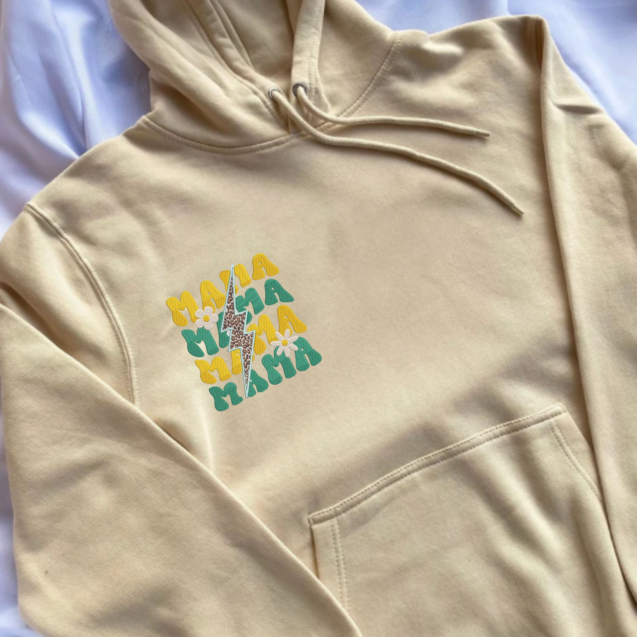 Mama Lightning Bolt Embroidered Hoodie, Mother's Day Embroidery Design, Custom Mama with Flower Hood EM2