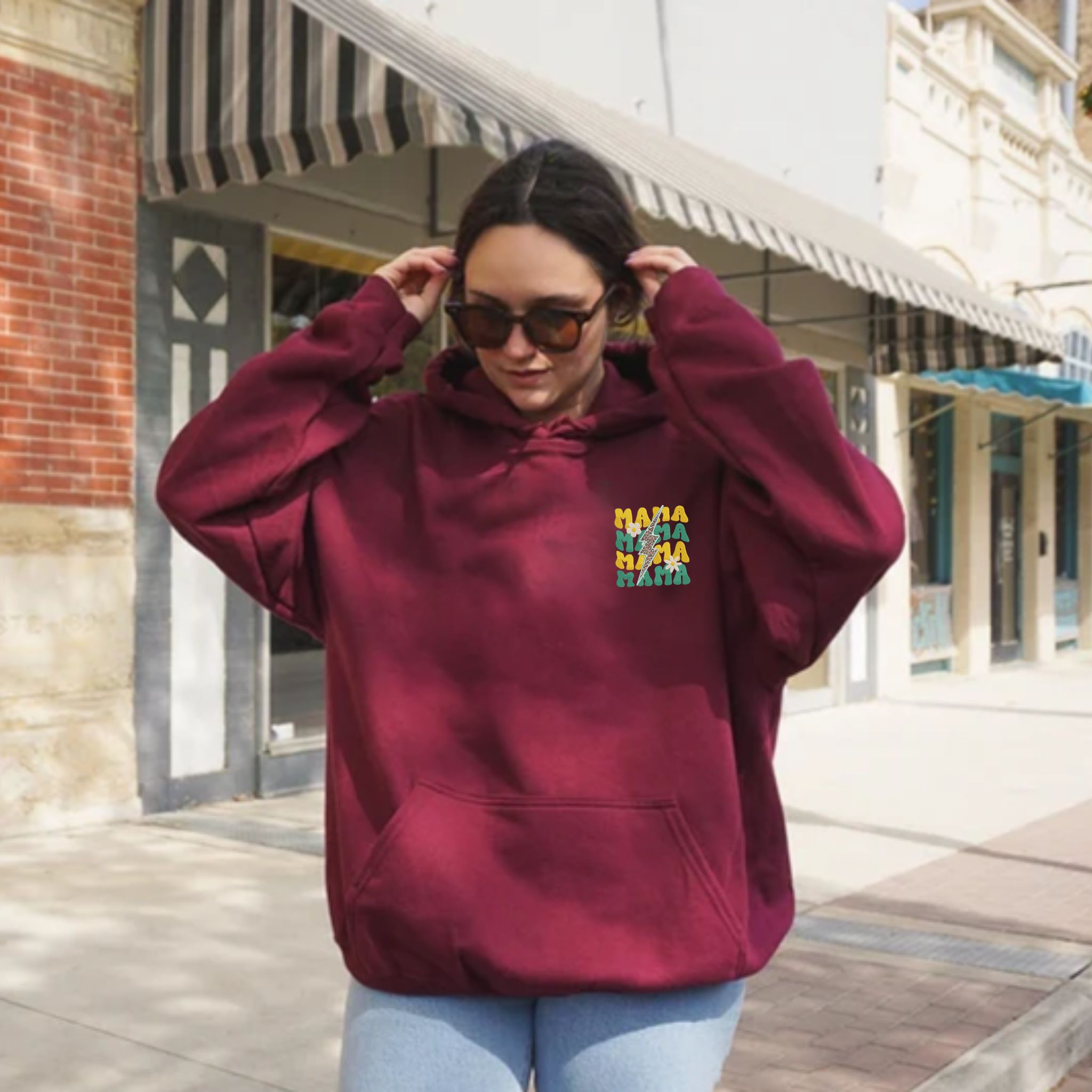 Mama Lightning Bolt Embroidered Hoodie, Mother's Day Embroidery Design, Custom Mama with Flower Hood EM2