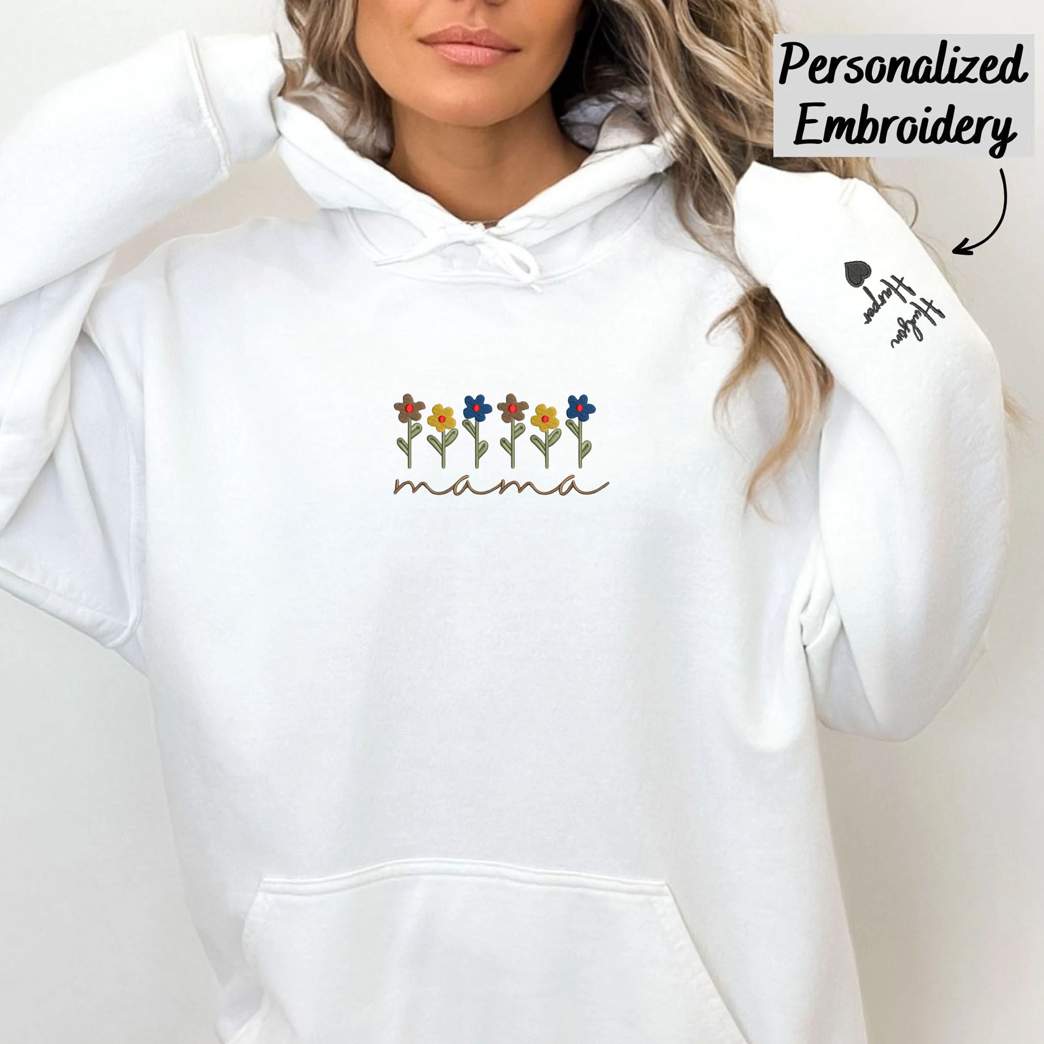 Mama With Flowers Garden Embroidered Hoodie, Customized Hoodie With Initial On Sleeve EM5
