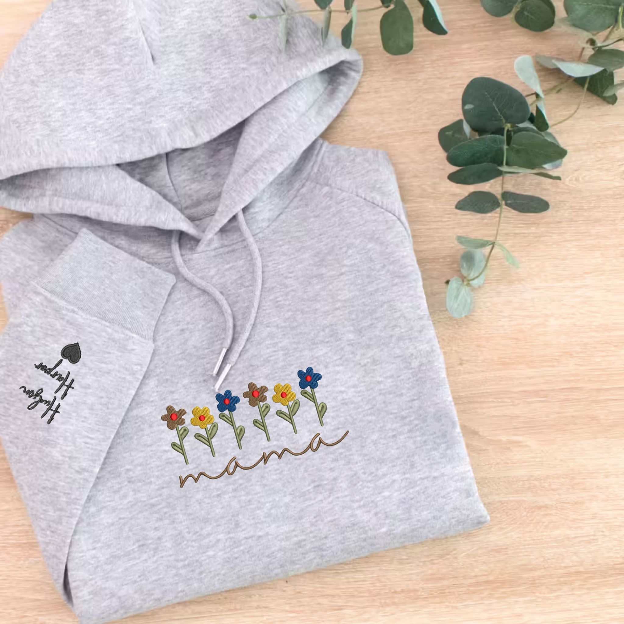 Mama With Flowers Garden Embroidered Hoodie, Customized Hoodie With Initial On Sleeve EM5