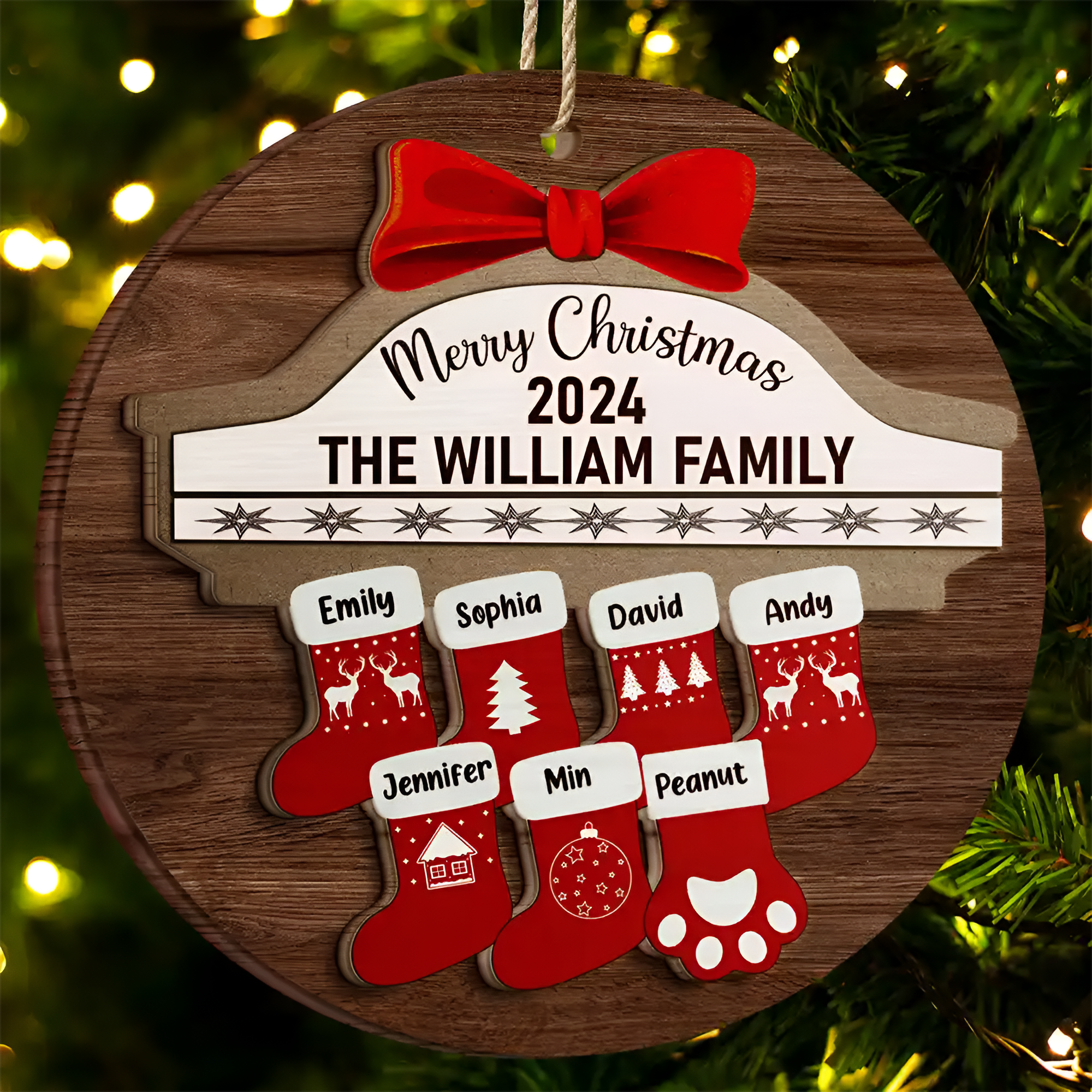 Merry Christmas Stocking Family - Christmas Gift For Family - Personalized 2-Layered Wooden Ornament ORHA24