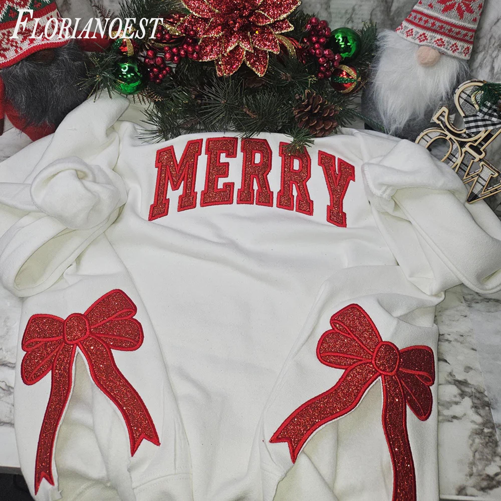 Merry and Bright Embroidered Bow Sweatshirt  Side Bow Applique Sweatshirt  Christmas Bow Sweatshirt  Glitter Christmas Sweatshirt 1 ESIBOW