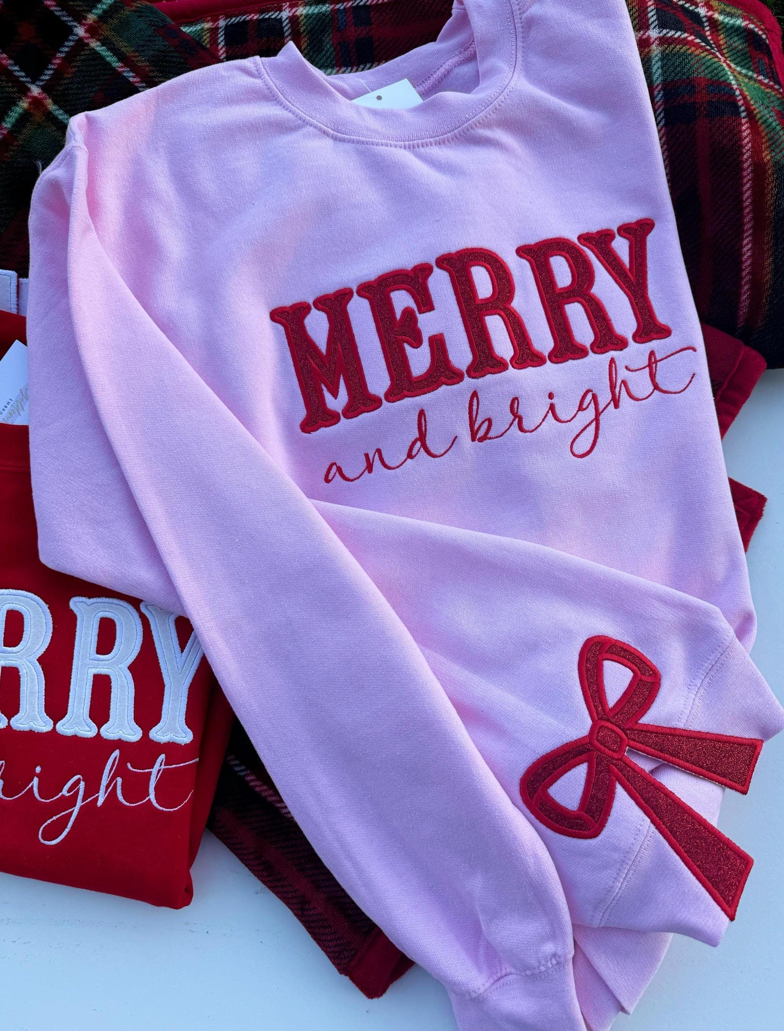 Merry and Bright Embroidered Bow Sweatshirt  Side Bow Applique Sweatshirt  Christmas Bow Sweatshirt  Glitter Christmas Sweatshirt ESIBOW