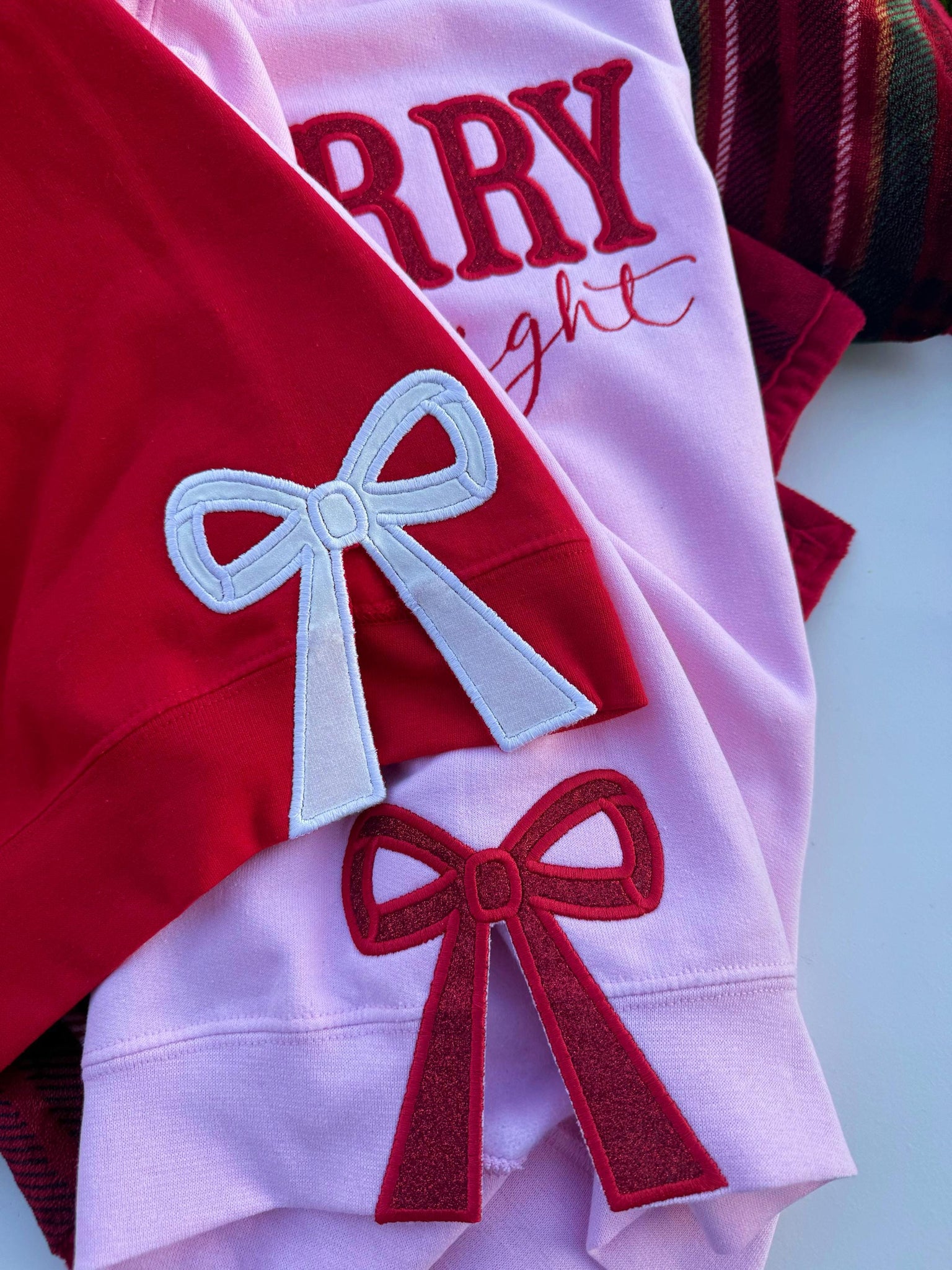 Merry and Bright Embroidered Bow Sweatshirt  Side Bow Applique Sweatshirt  Christmas Bow Sweatshirt  Glitter Christmas Sweatshirt ESIBOW