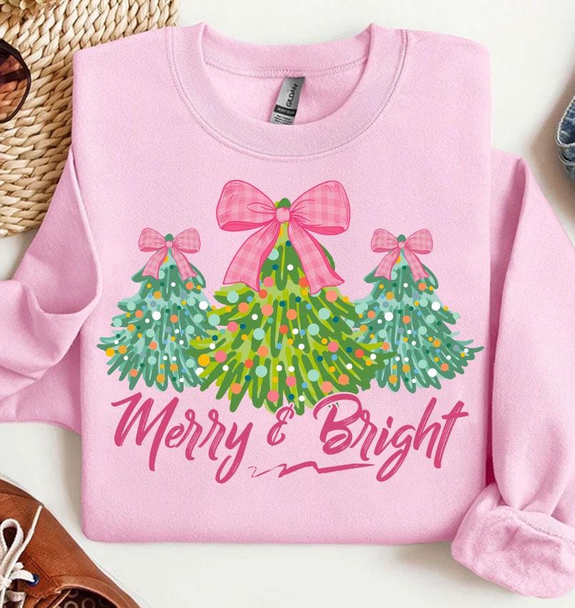 Merry & Bright PNG Sublimation File, Retro Christmas Sublimation Digital Download, Hand Drawn Christmas Trees, Pretty Pink Christmas SCU