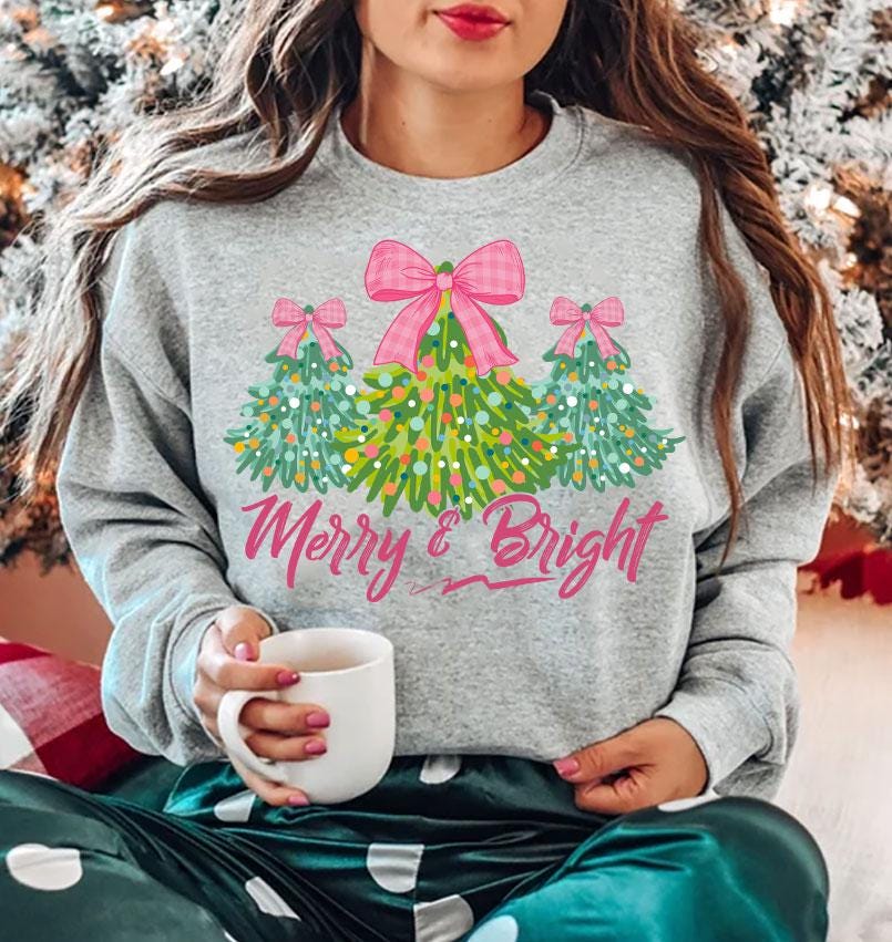 Merry & Bright PNG Sublimation File, Retro Christmas Sublimation Digital Download, Hand Drawn Christmas Trees, Pretty Pink Christmas SCU