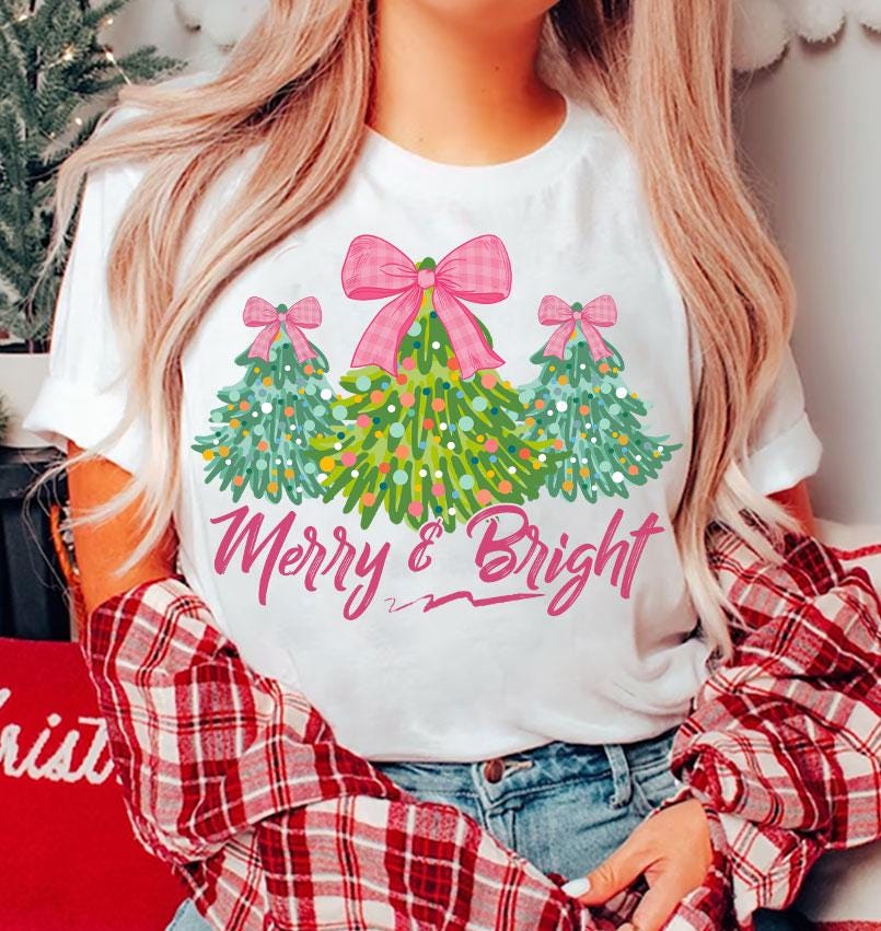 Merry & Bright PNG Sublimation File, Retro Christmas Sublimation Digital Download, Hand Drawn Christmas Trees, Pretty Pink Christmas SCU