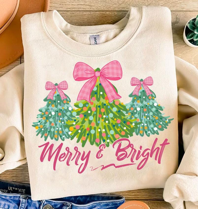 Merry & Bright PNG Sublimation File, Retro Christmas Sublimation Digital Download, Hand Drawn Christmas Trees, Pretty Pink Christmas SCU