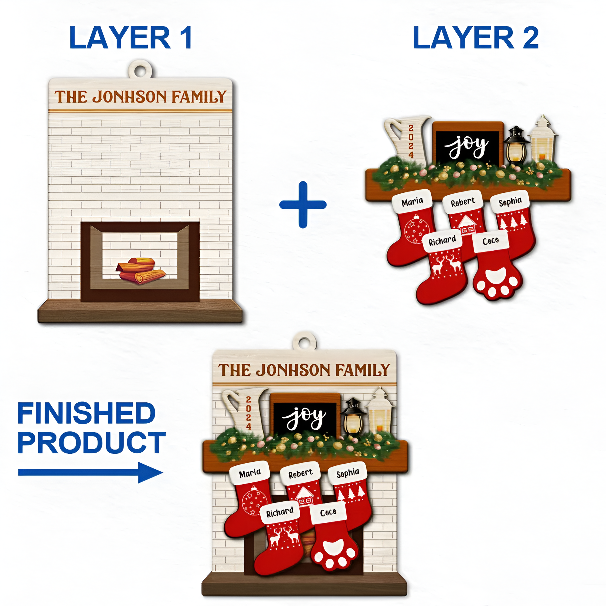 Merry Christmas Family Stockings - Personalized 2-Layered Wooden Ornament ORHA24