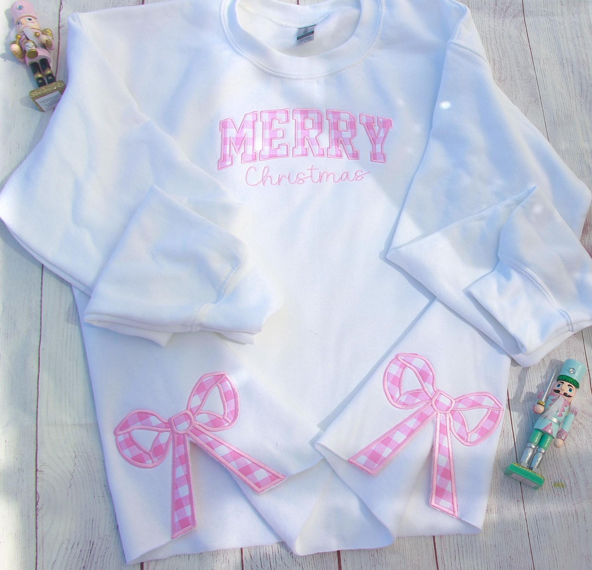 Merry Christmas Side bow Sweatshirt , Trendy Croquette Pink Gingham Bow Cozy Christmas Sweater , Mom and Daughter Matching Sweater ESIBOW