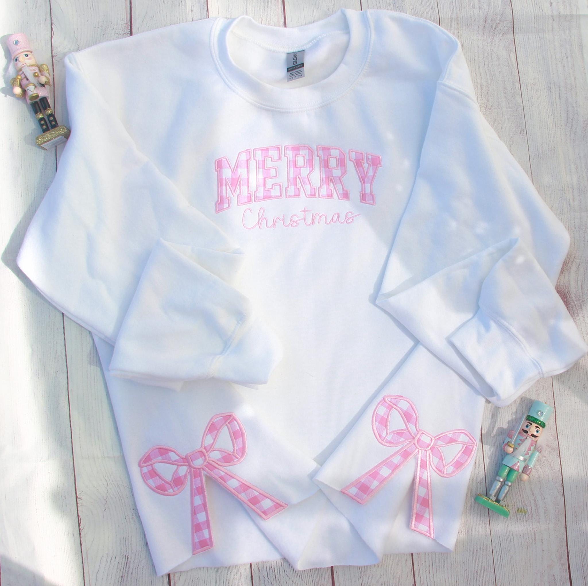 Merry Christmas Side bow Sweatshirt , Trendy Croquette Pink Gingham Bow Cozy Christmas Sweater , Mom and Daughter Matching Sweater ESIBOW