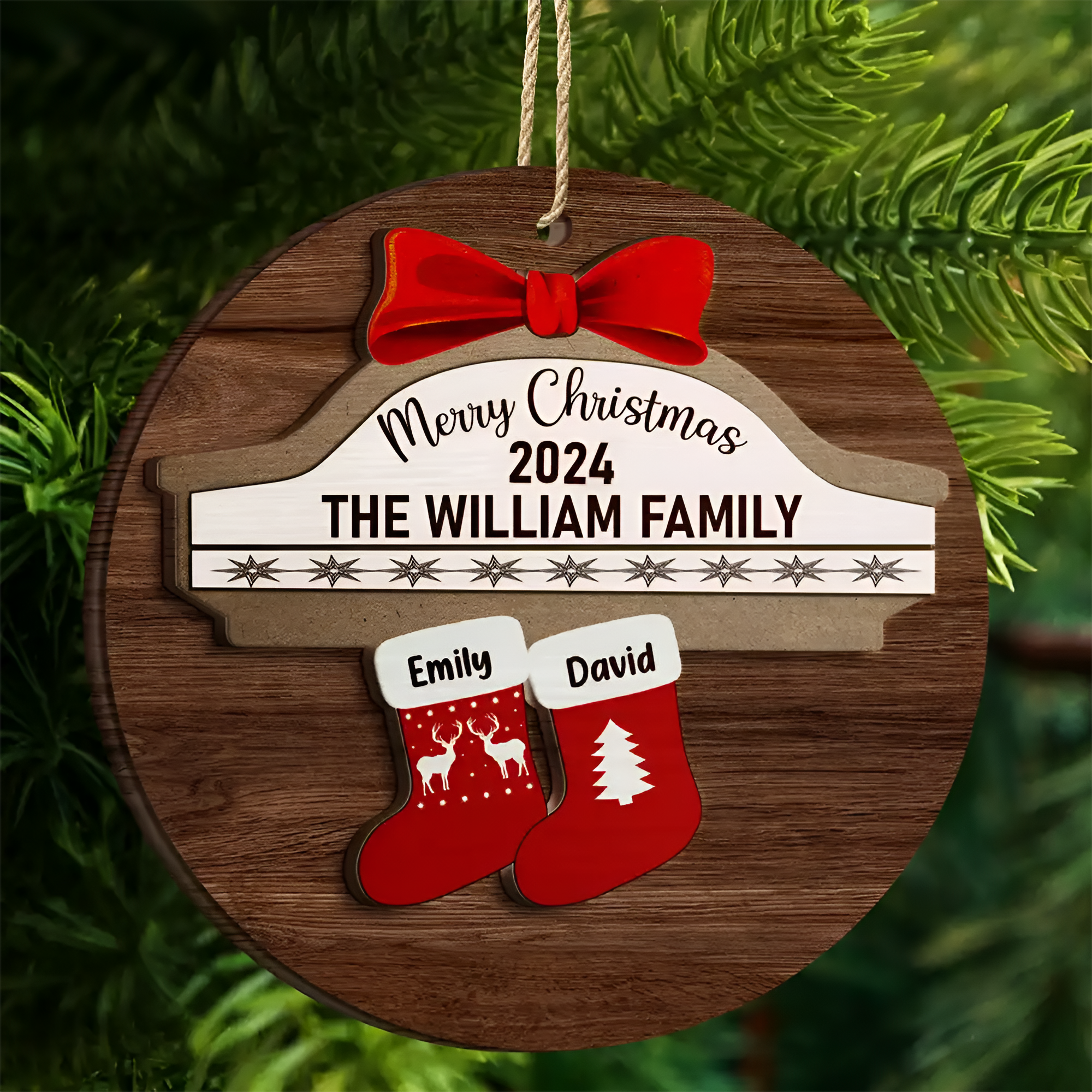 Merry Christmas Stocking Family - Christmas Gift For Family - Personalized 2-Layered Wooden Ornament ORHA24