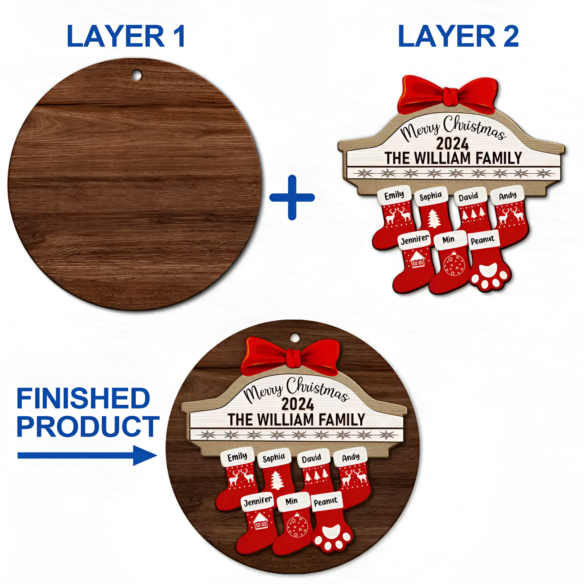 Merry Christmas Stocking Family - Christmas Gift For Family - Personalized 2-Layered Wooden Ornament ORHA24