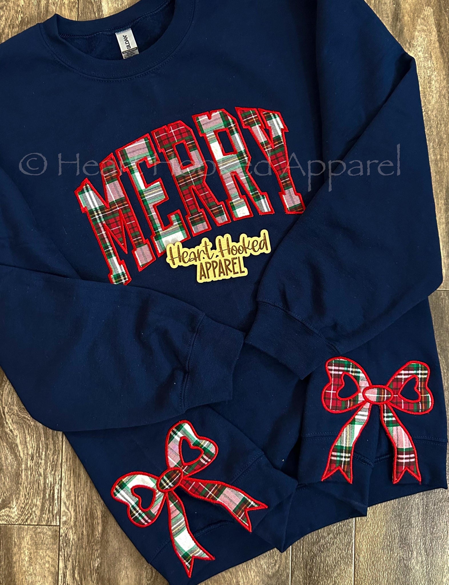Merry Embroidered side bow custom sweatshirt Plaid Christmas Pullover, Trendy Coquette Bow ESIBOW