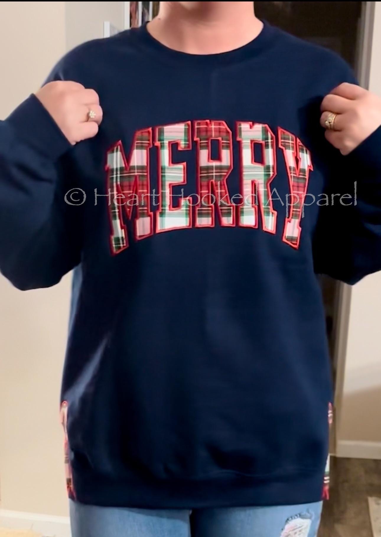 Merry Embroidered side bow custom sweatshirt Plaid Christmas Pullover, Trendy Coquette Bow ESIBOW