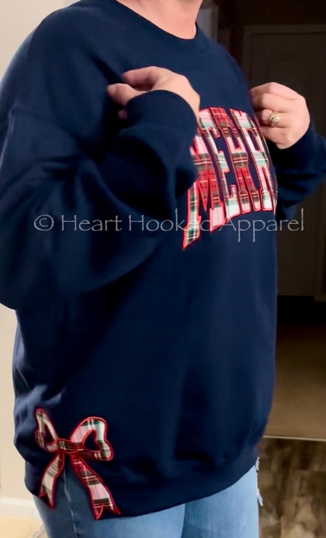 Merry Embroidered side bow custom sweatshirt Plaid Christmas Pullover, Trendy Coquette Bow ESIBOW