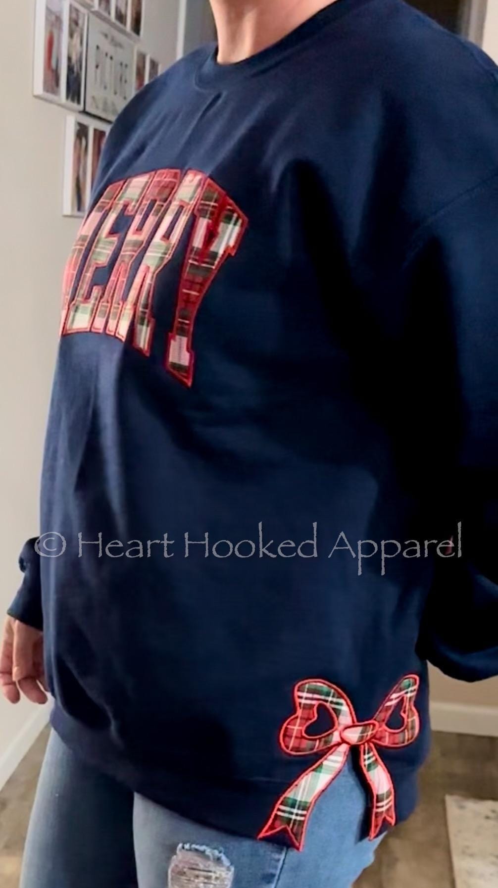 Merry Embroidered side bow custom sweatshirt Plaid Christmas Pullover, Trendy Coquette Bow ESIBOW