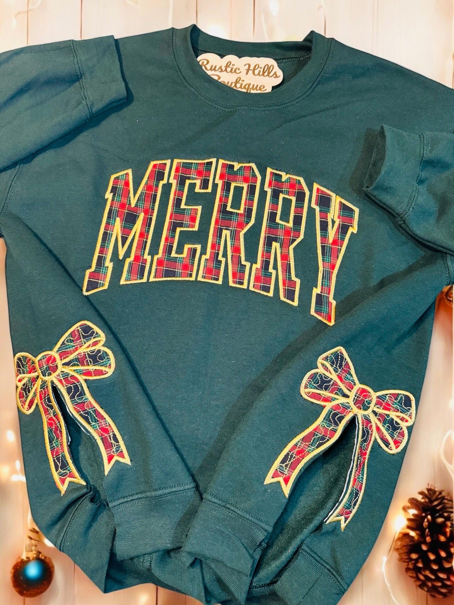 Merry Side Bow Cut-Out Sweatshirt, Plaid Christmas Embroidered Shirt, Trendy Bow ESIBOW