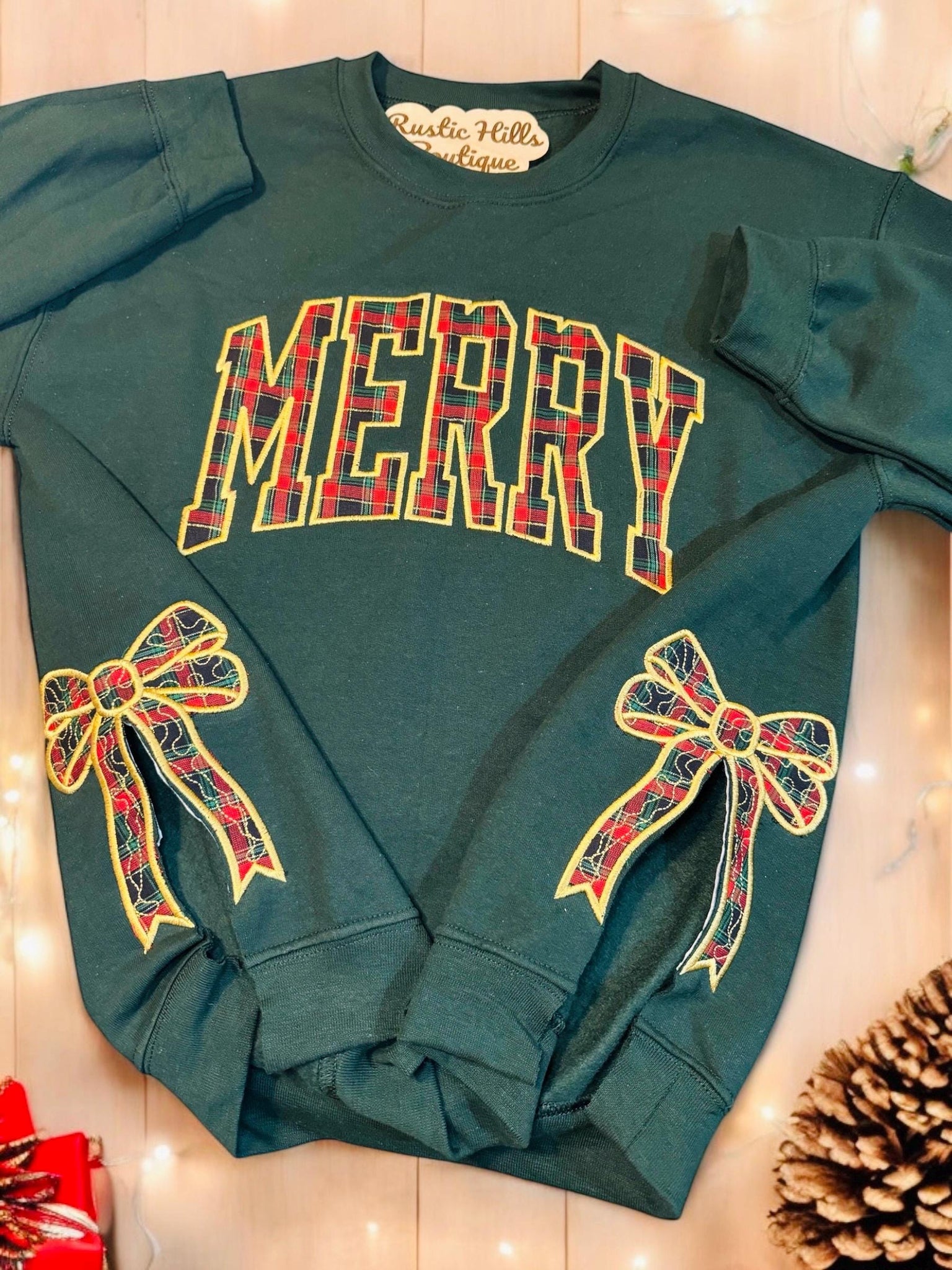 Merry Side Bow Cut-Out Sweatshirt, Plaid Christmas Embroidered Shirt, Trendy Bow ESIBOW