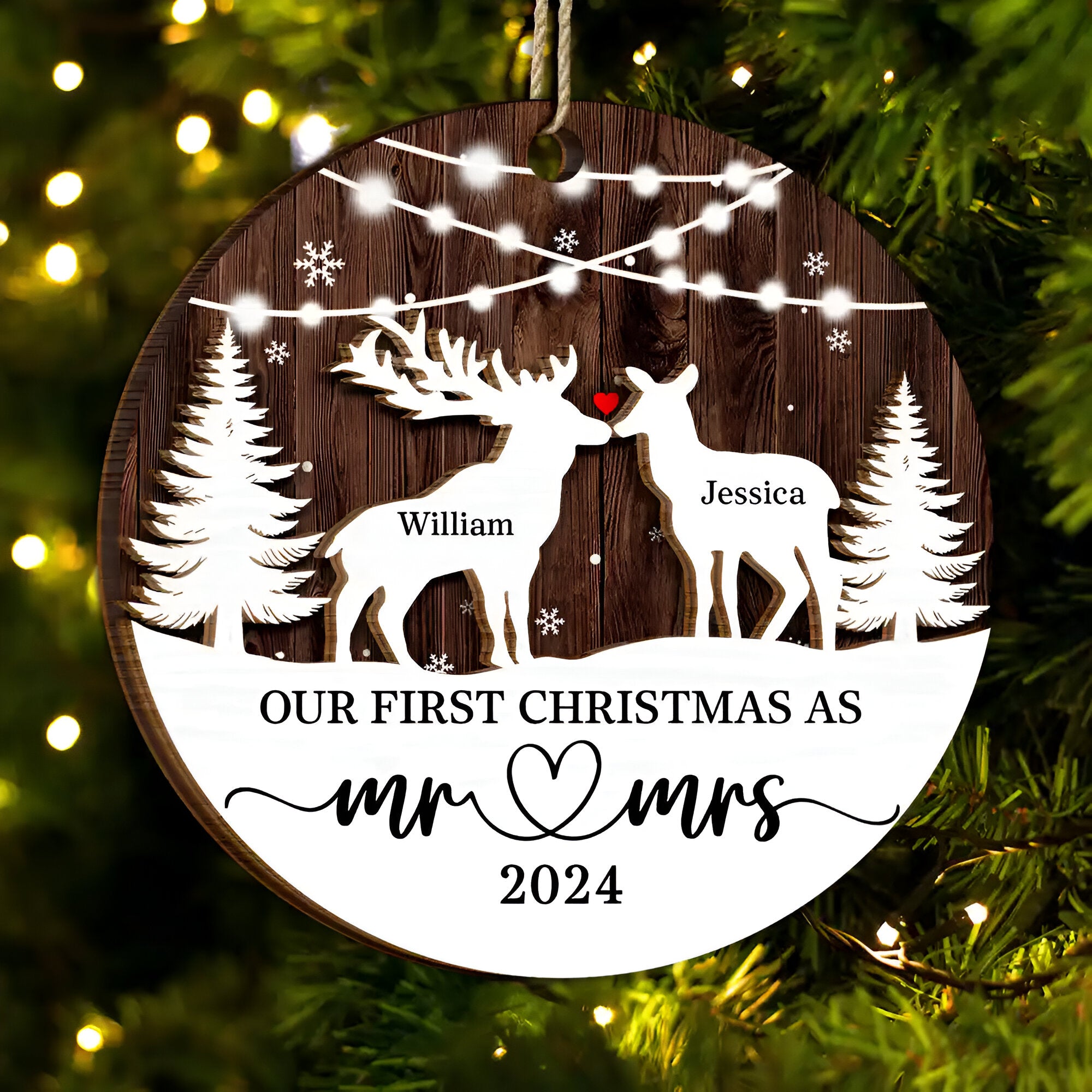 Deer Couple Our First Christmas As Mr. & Mrs. - Personalized 2-Layered Wooden Ornament, Personalized Our First Christmas Married Ornamen ORN2509
