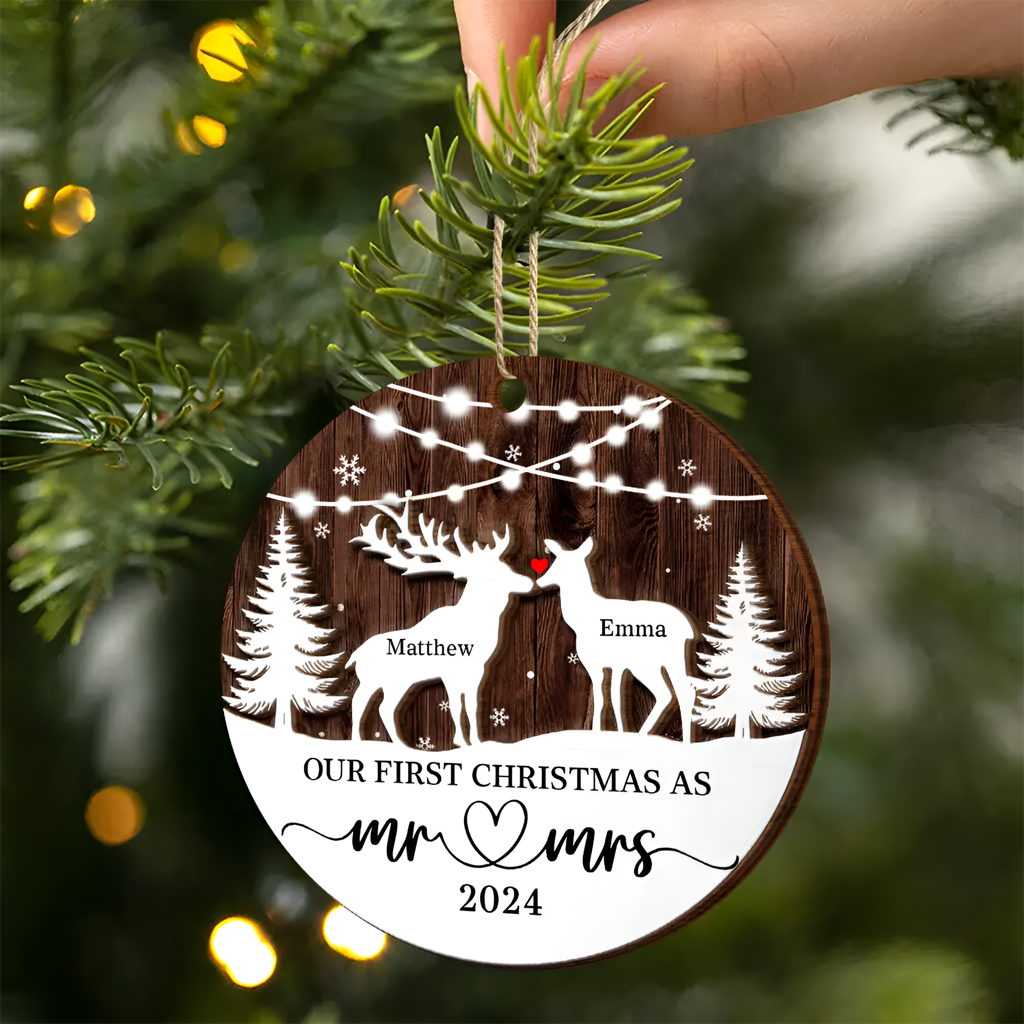 Deer Couple Our First Christmas As Mr. & Mrs. - Personalized 2-Layered Wooden Ornament, Personalized Our First Christmas Married Ornamen ORN2509