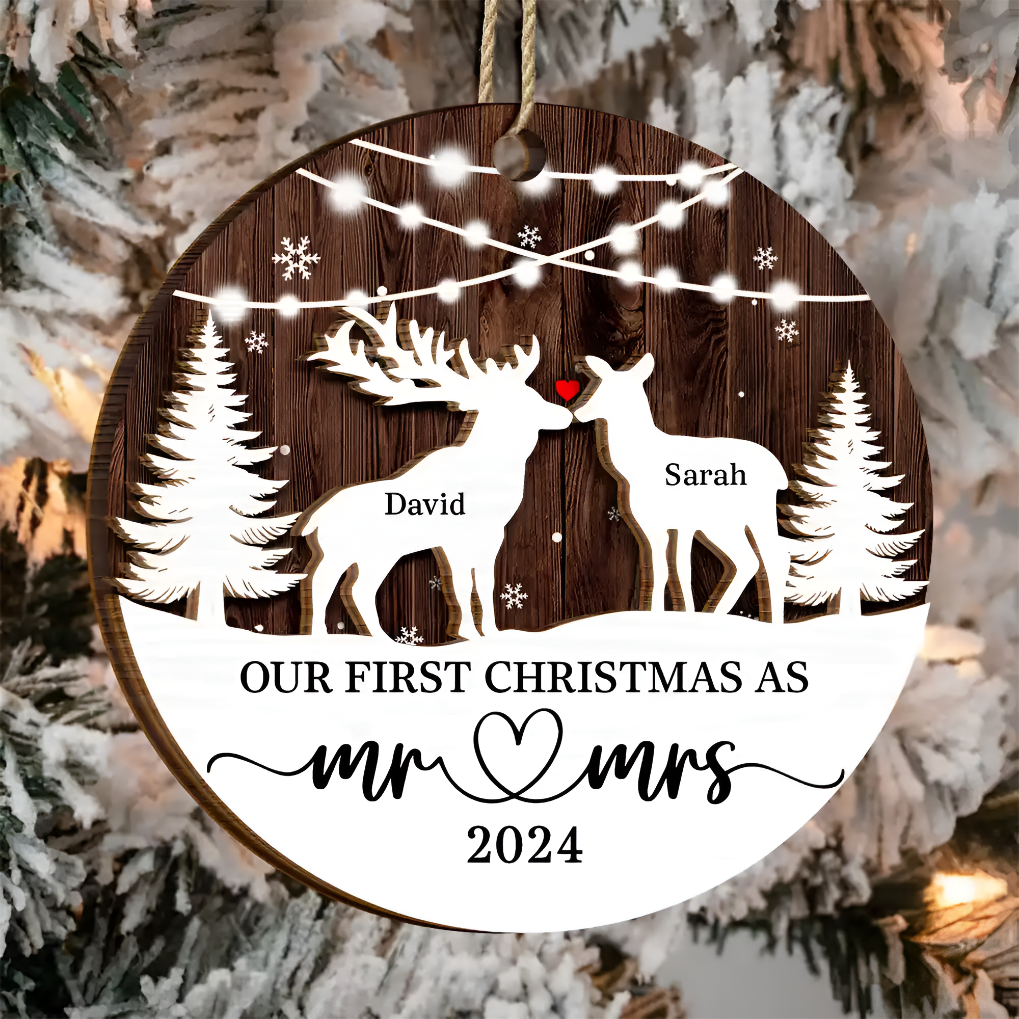 Deer Couple Our First Christmas As Mr. & Mrs. - Personalized 2-Layered Wooden Ornament, Personalized Our First Christmas Married Ornamen ORN2509