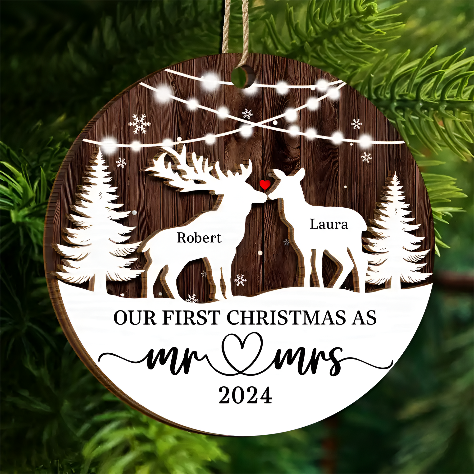 Deer Couple Our First Christmas As Mr. & Mrs. - Personalized 2-Layered Wooden Ornament, Personalized Our First Christmas Married Ornamen ORN2509
