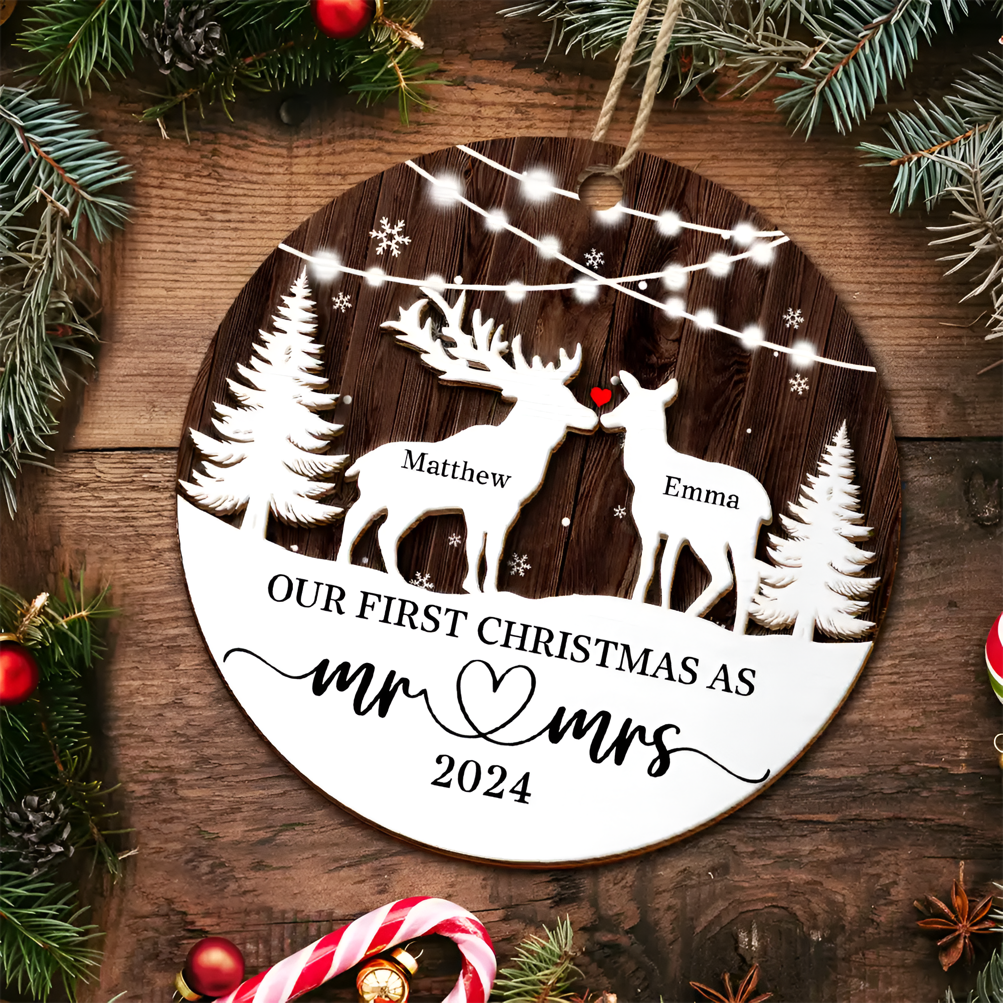 Deer Couple Our First Christmas As Mr. & Mrs. - Personalized 2-Layered Wooden Ornament, Personalized Our First Christmas Married Ornamen ORN2509