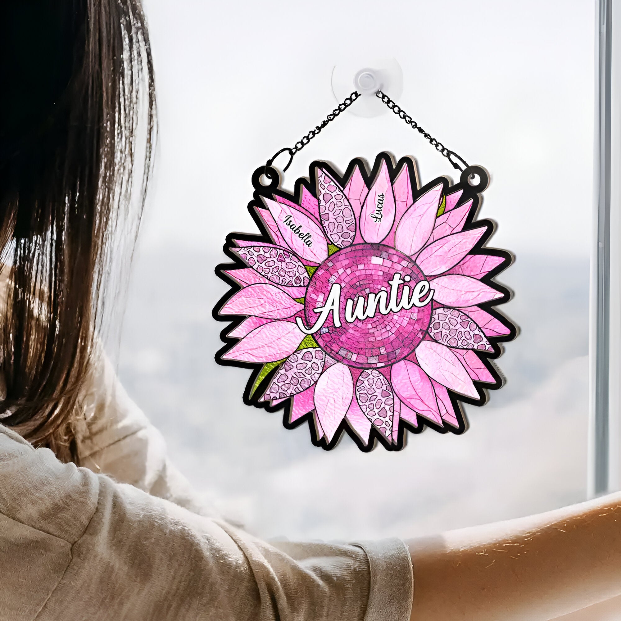 Nana Auntie Mom Family Sunflower - Personalized Window Hanging Suncatcher Ornament ORHA24