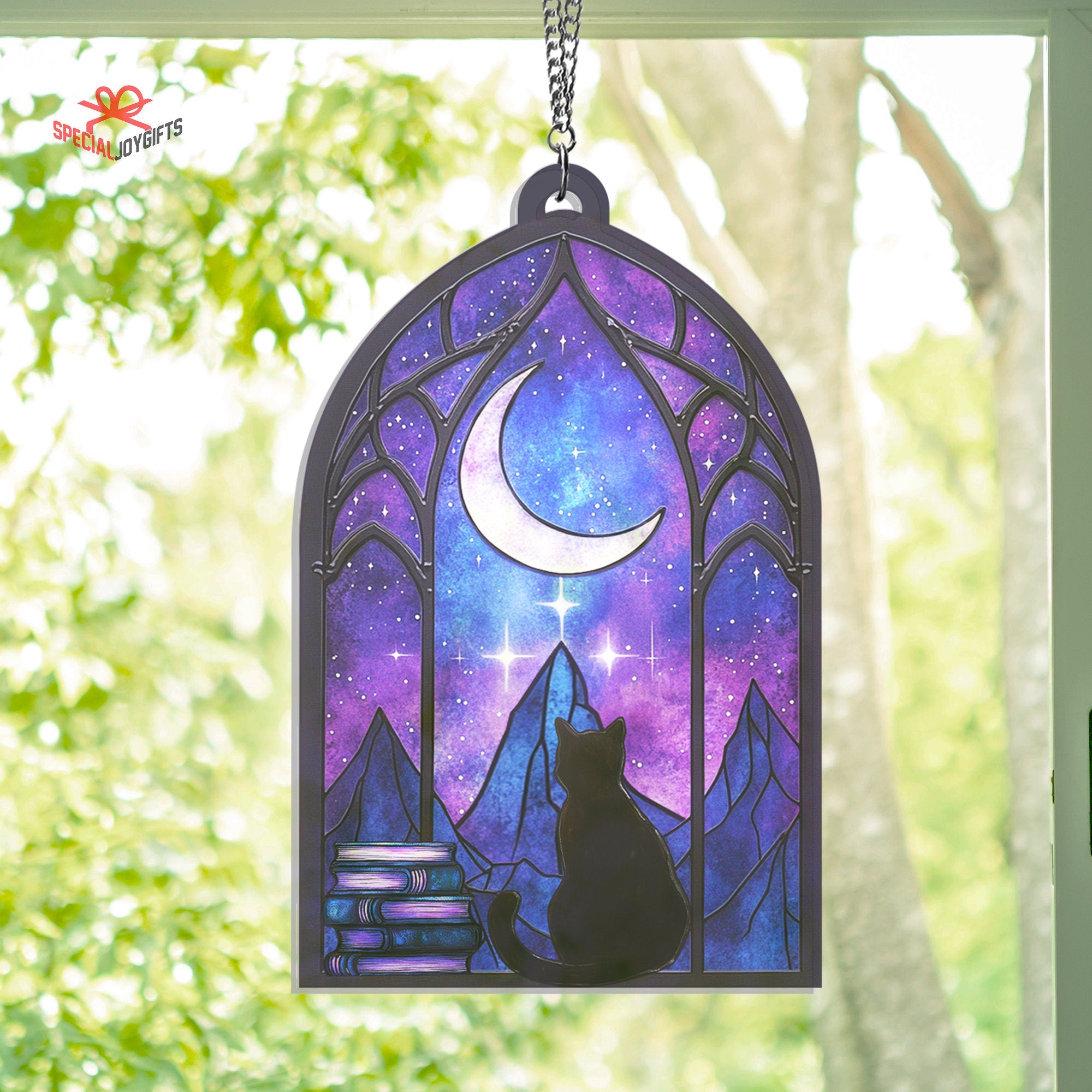 Night Court and Black Cat Acrylic Hanging Window, Bookish Stain Glass, Indoor Decor Suncatcher, Cat Window Decor Ornament, Book Lover Gift ORH1710N