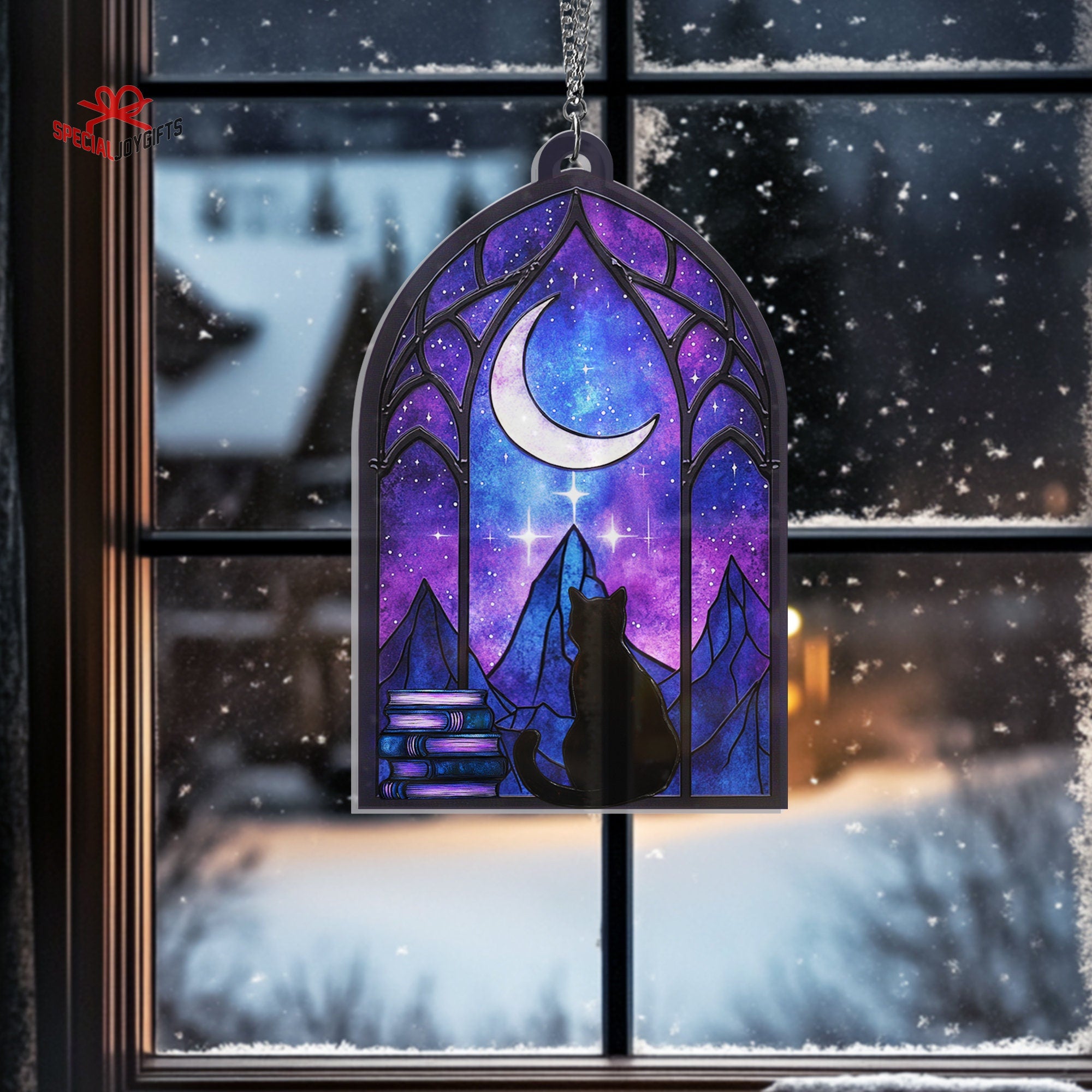 Night Court and Black Cat Acrylic Hanging Window, Bookish Stain Glass, Indoor Decor Suncatcher, Cat Window Decor Ornament, Book Lover Gift ORH1710N