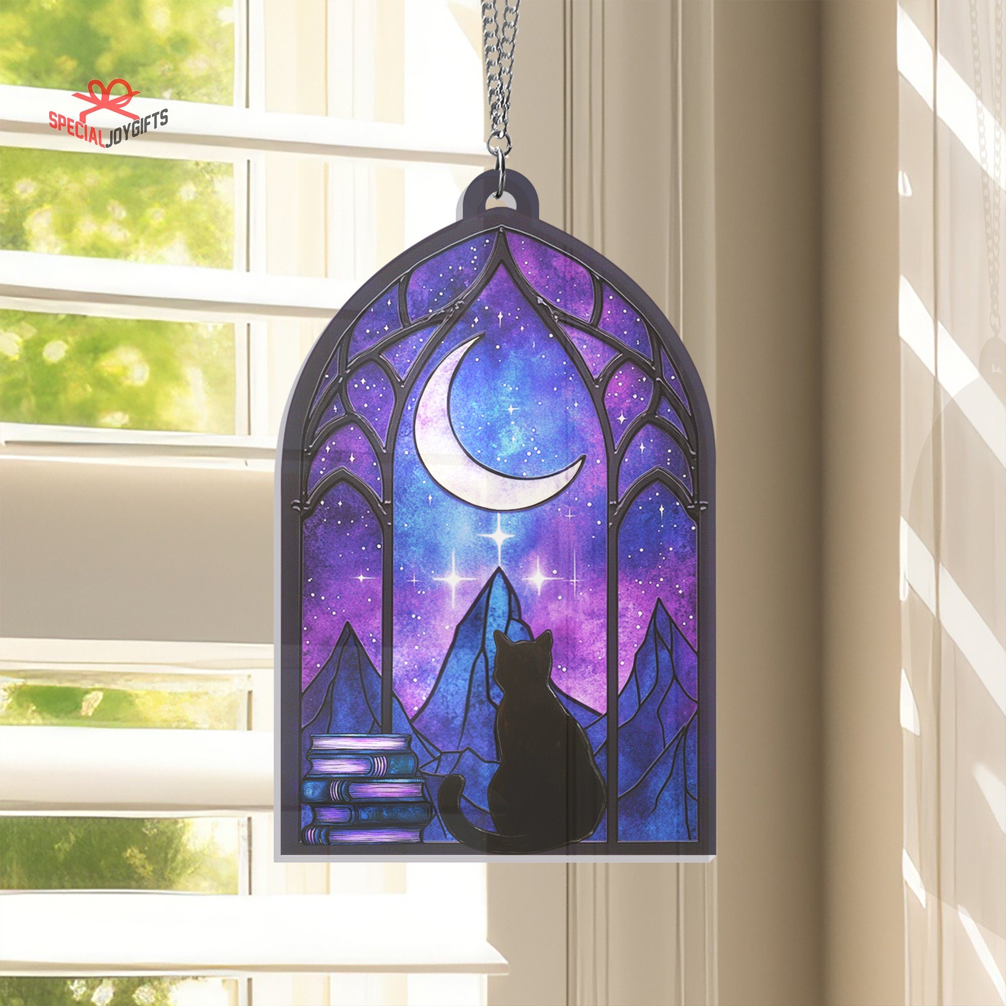 Night Court and Black Cat Acrylic Hanging Window, Bookish Stain Glass, Indoor Decor Suncatcher, Cat Window Decor Ornament, Book Lover Gift ORH1710N