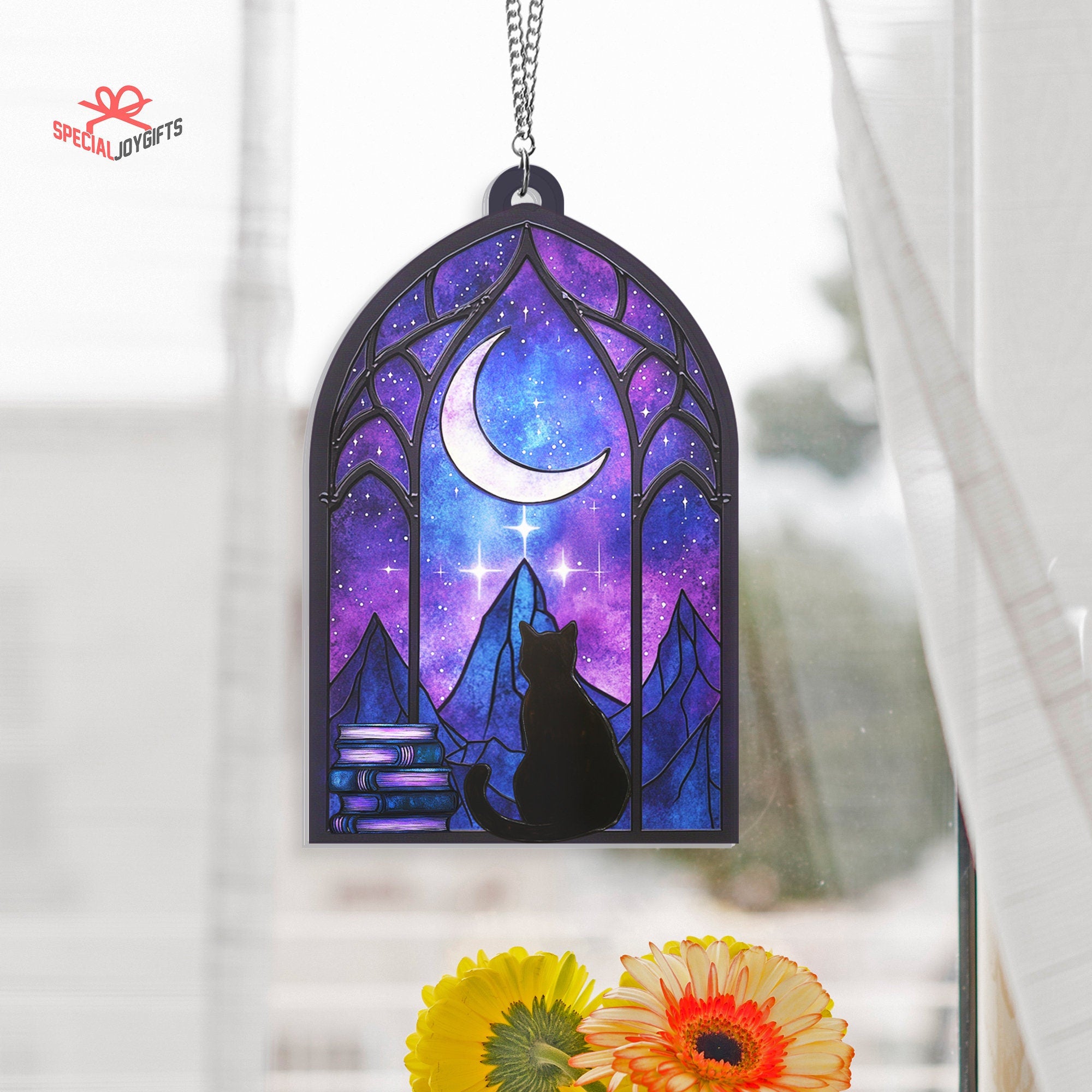 Night Court and Black Cat Acrylic Hanging Window, Bookish Stain Glass, Indoor Decor Suncatcher, Cat Window Decor Ornament, Book Lover Gift ORH1710N