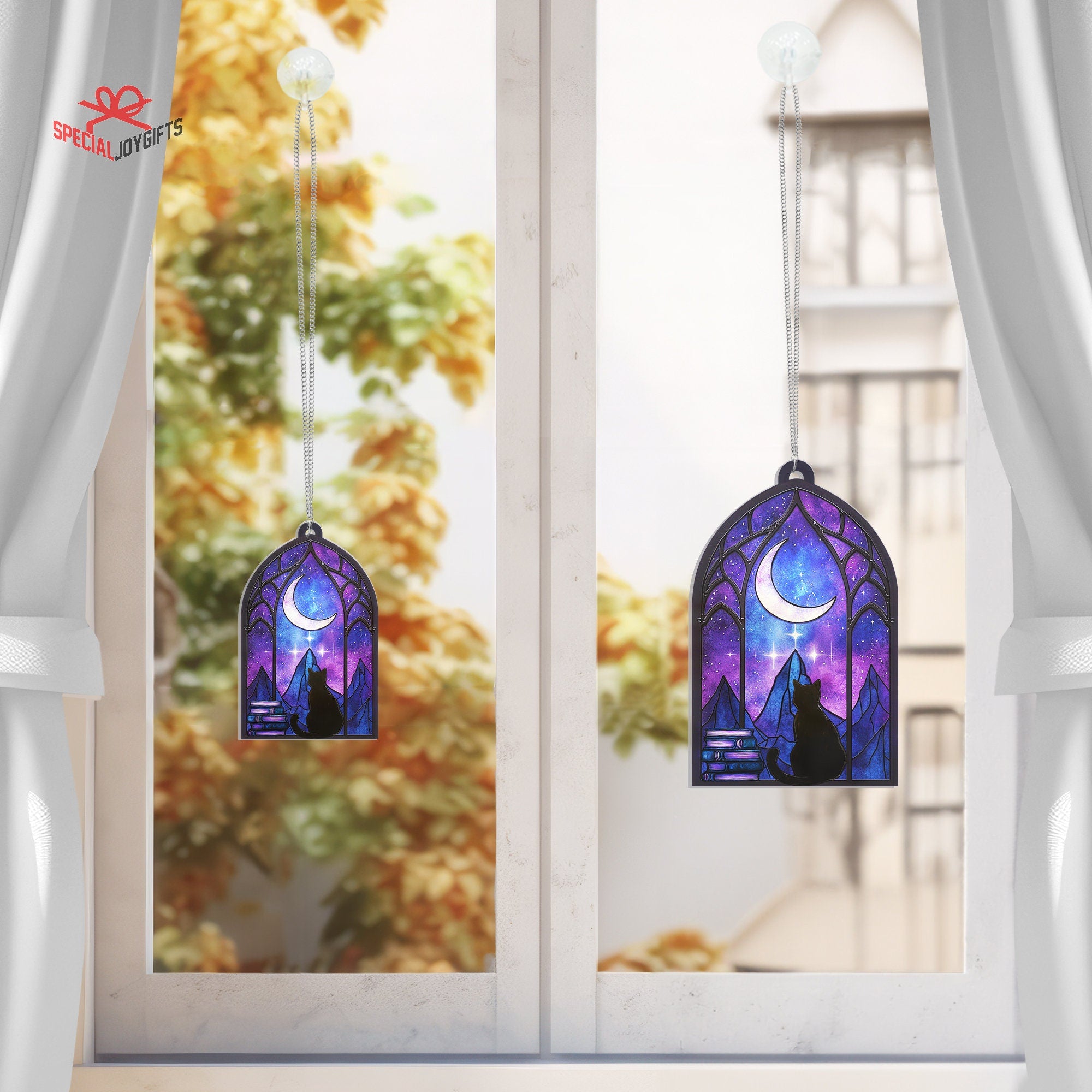 Night Court and Black Cat Acrylic Hanging Window, Bookish Stain Glass, Indoor Decor Suncatcher, Cat Window Decor Ornament, Book Lover Gift ORH1710N