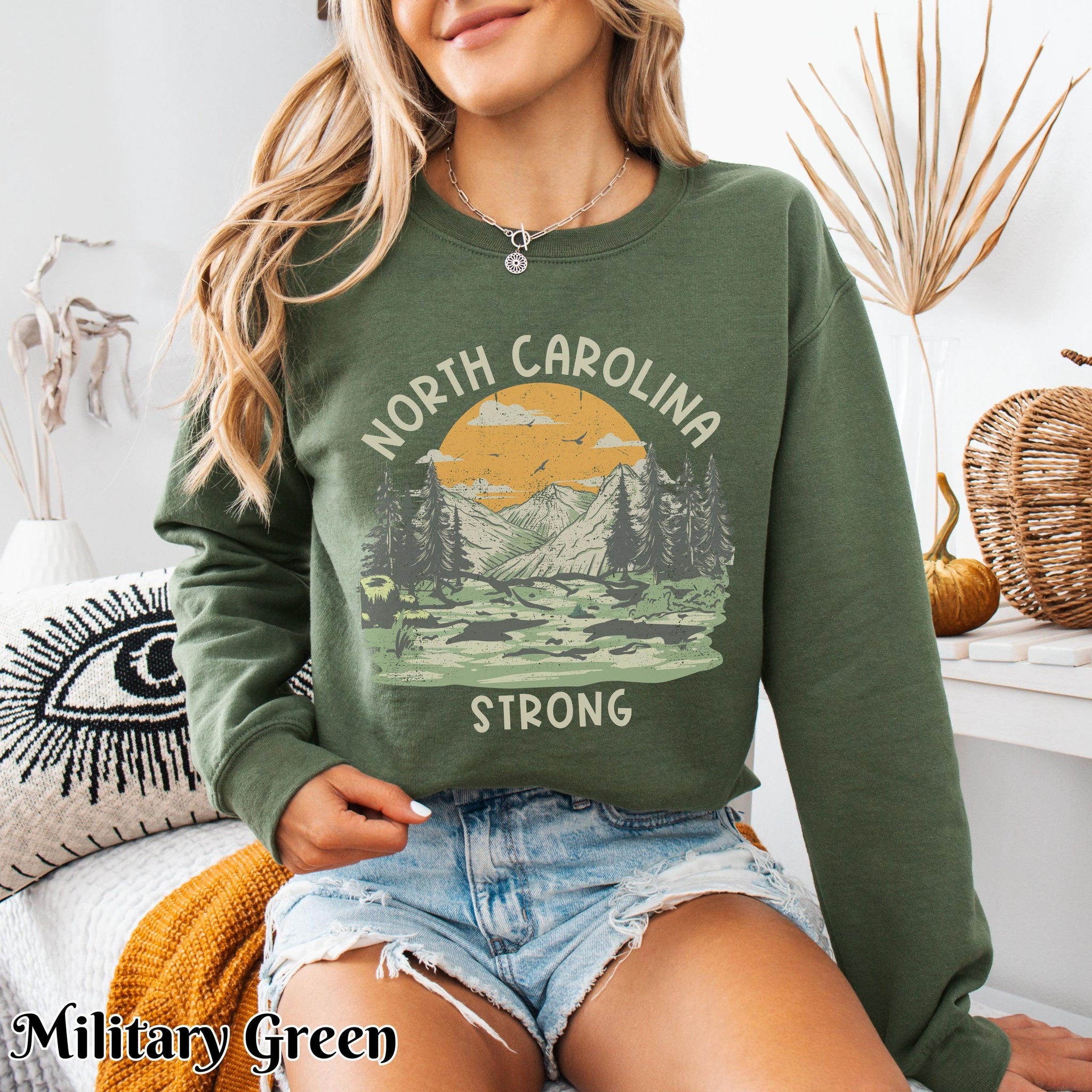 North Carolina Strong Retro Mountains Sun Sweatshirt, Hurricane Helene Survivor Crewneck Jumper, Hoodie, Unisex Pullover, Winter Clothing, TMC