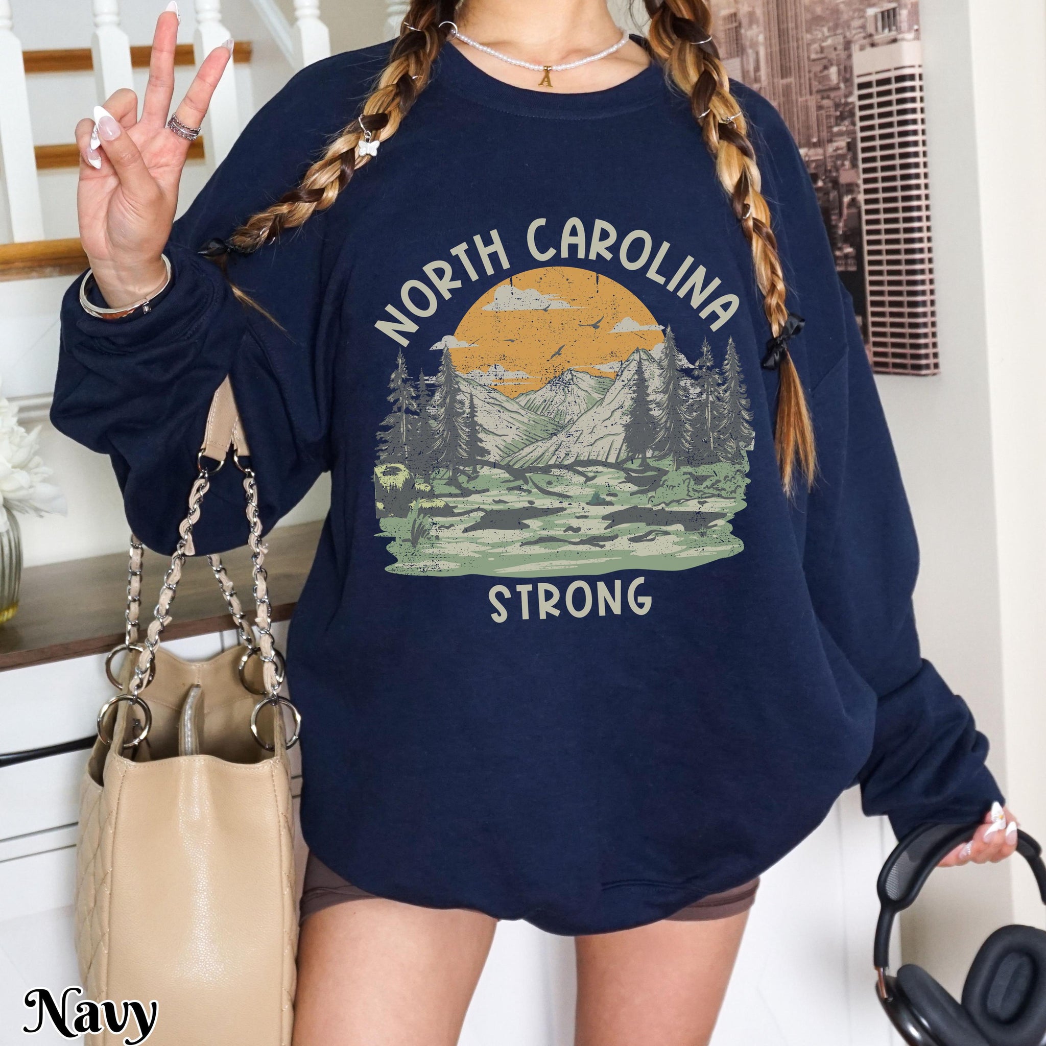 North Carolina Strong Retro Mountains Sun Sweatshirt, Hurricane Helene Survivor Crewneck Jumper, Hoodie, Unisex Pullover, Winter Clothing, TMC