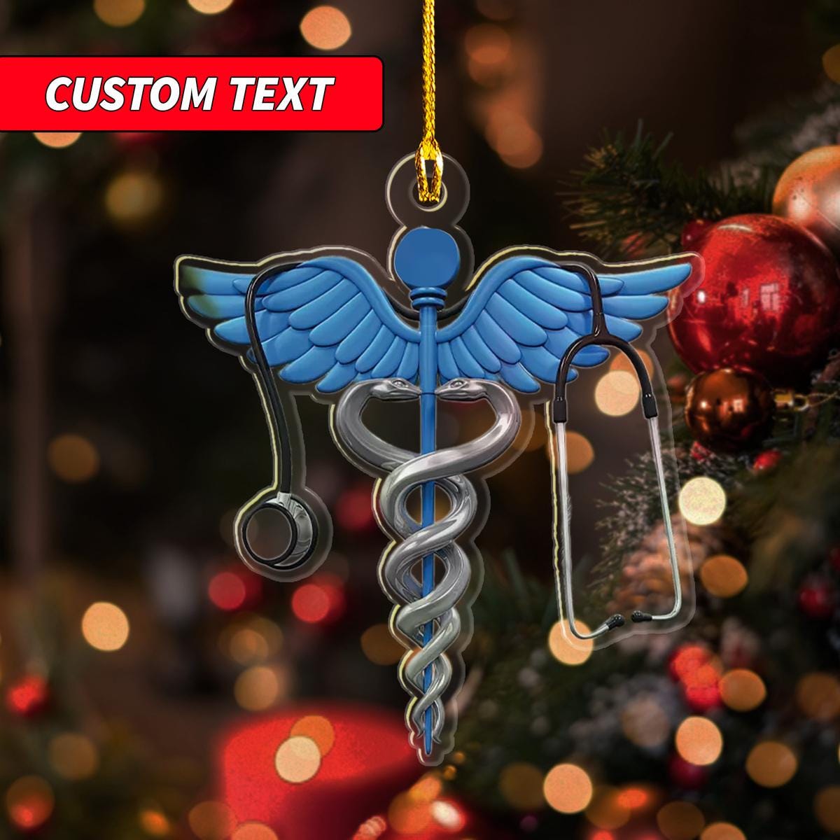 Nursing Symbol With Christmas Light Flat Ornament, Caduceus Christmas Ornament, Stethoscope Lover Tree Hanging Xmas Ornament Decor ORNO5